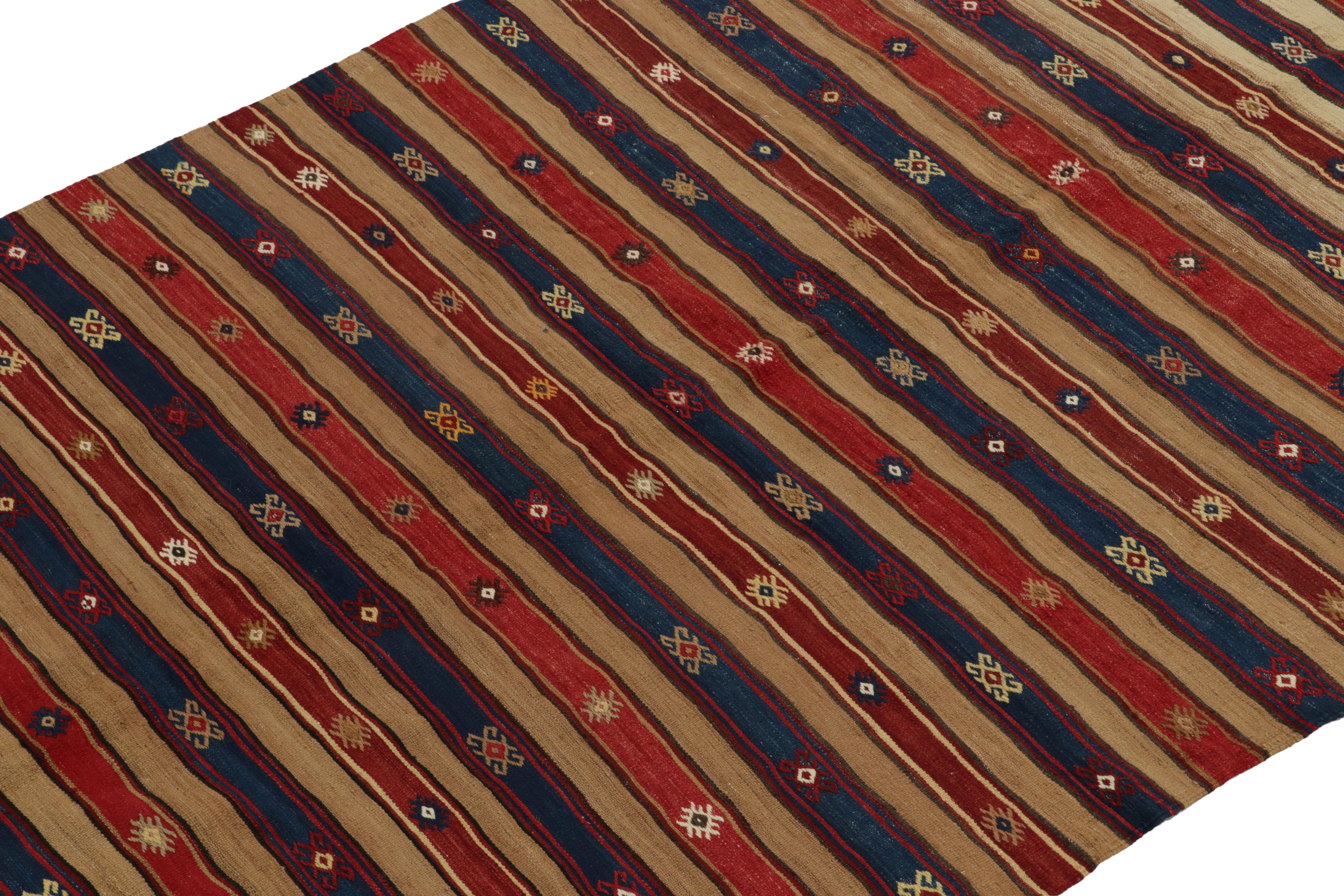 Hand-Woven 1950s Vintage Turkish Kilim in Red, Blue and Beige-Brown Stripes by Rug & Kilim