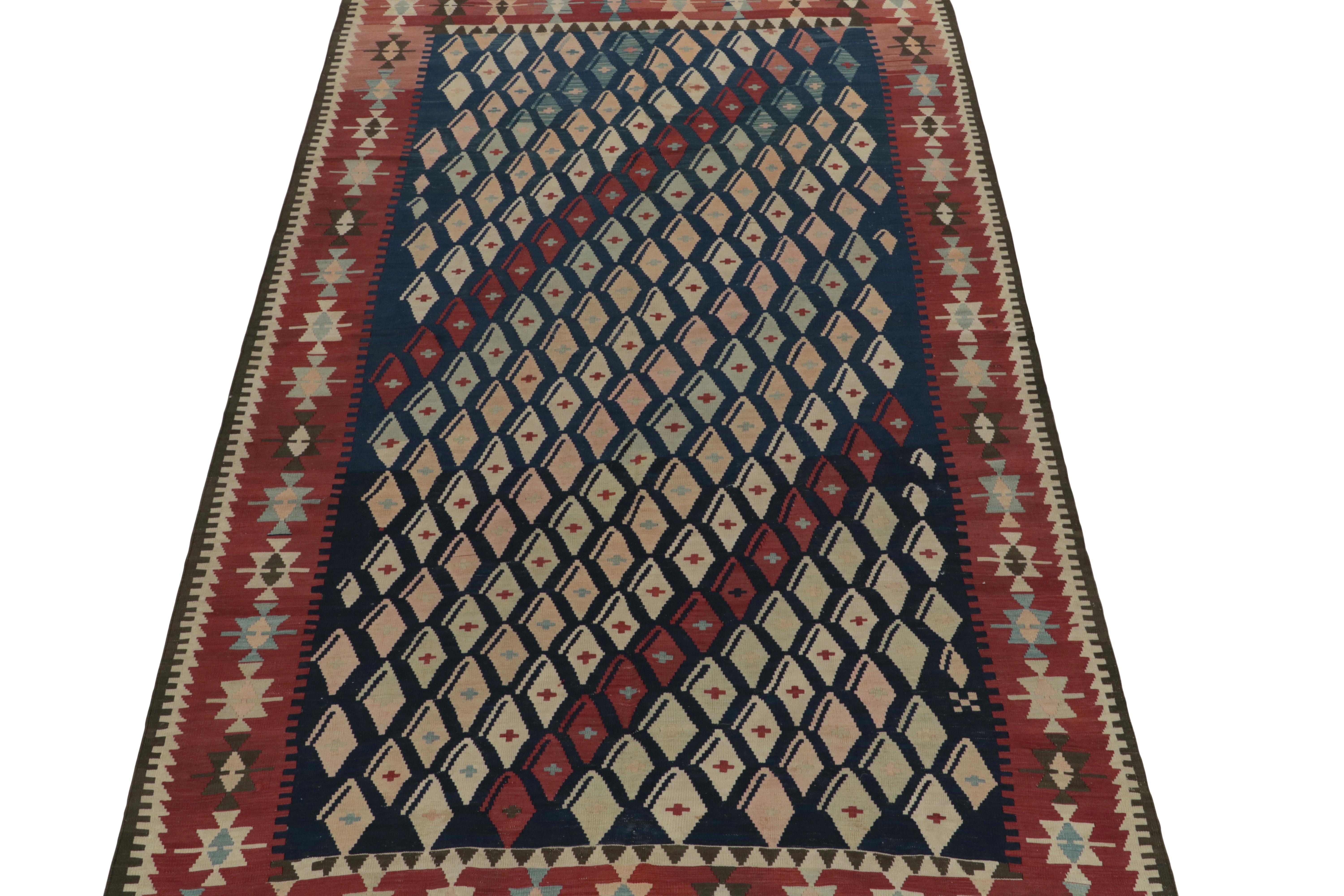 Tribal 1950s Vintage Turkish in Red, Blue and Pink Geometric Pattern by Rug & Kilim For Sale