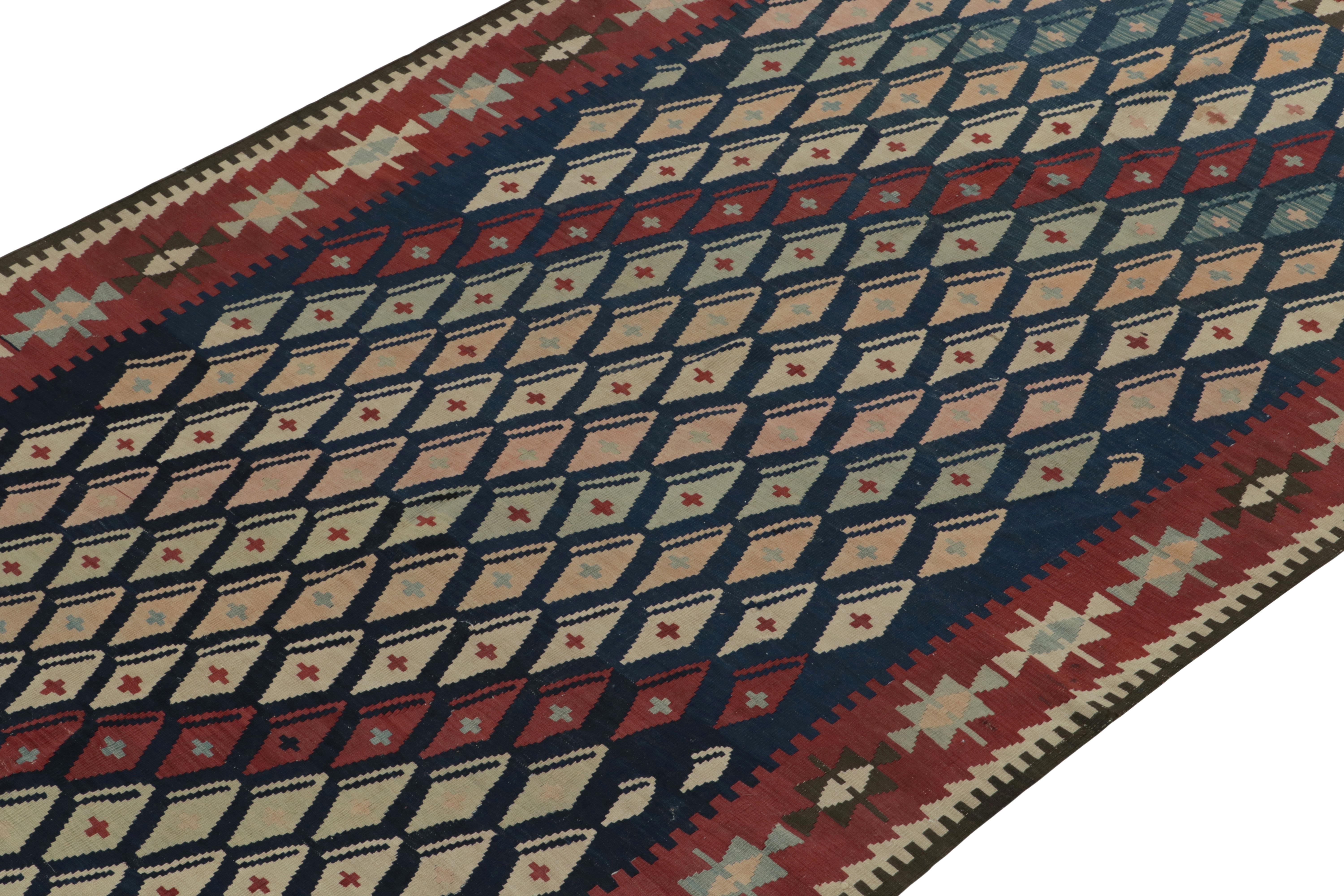 Hand-Knotted 1950s Vintage Turkish in Red, Blue and Pink Geometric Pattern by Rug & Kilim For Sale