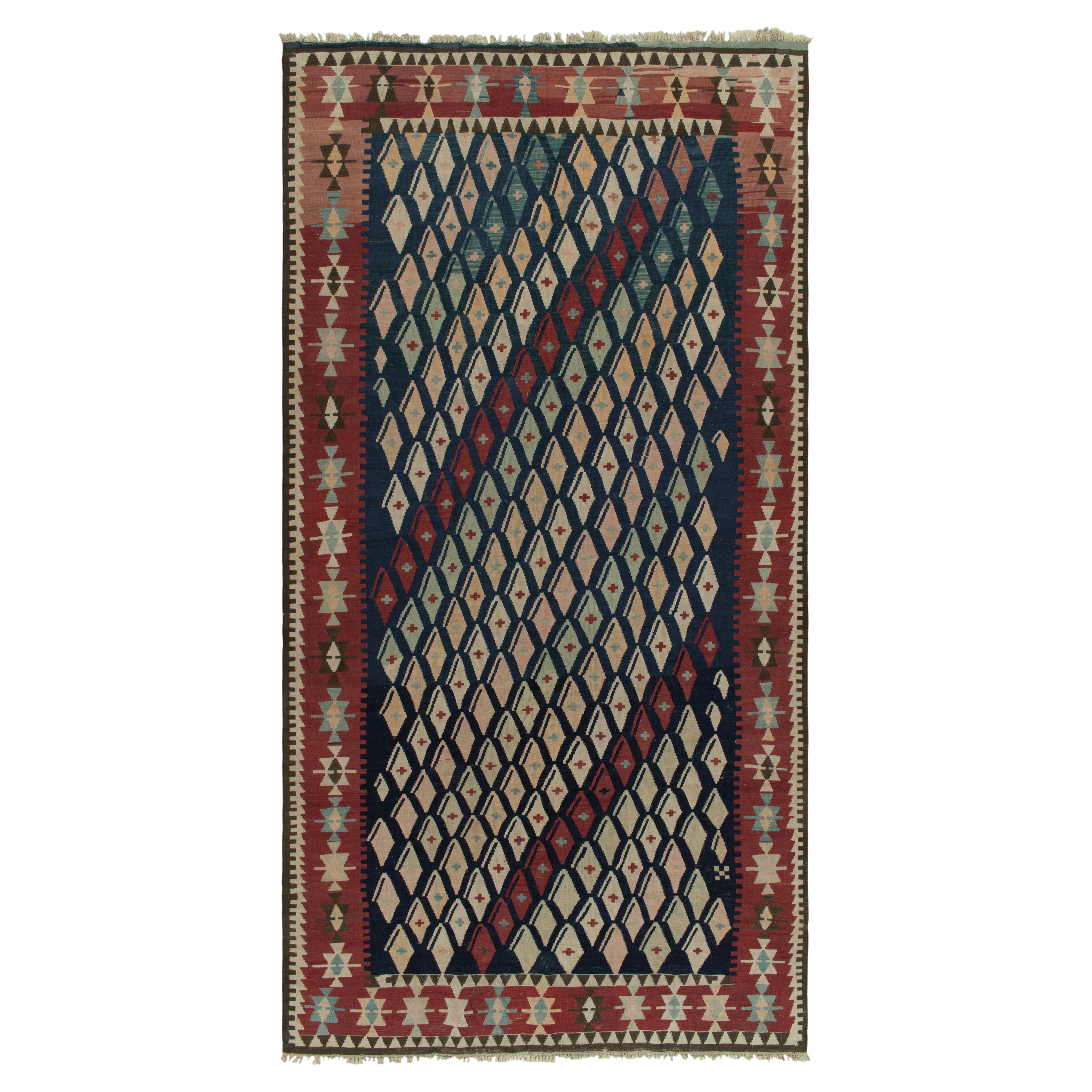 1950s Vintage Turkish in Red, Blue and Pink Geometric Pattern by Rug & Kilim For Sale