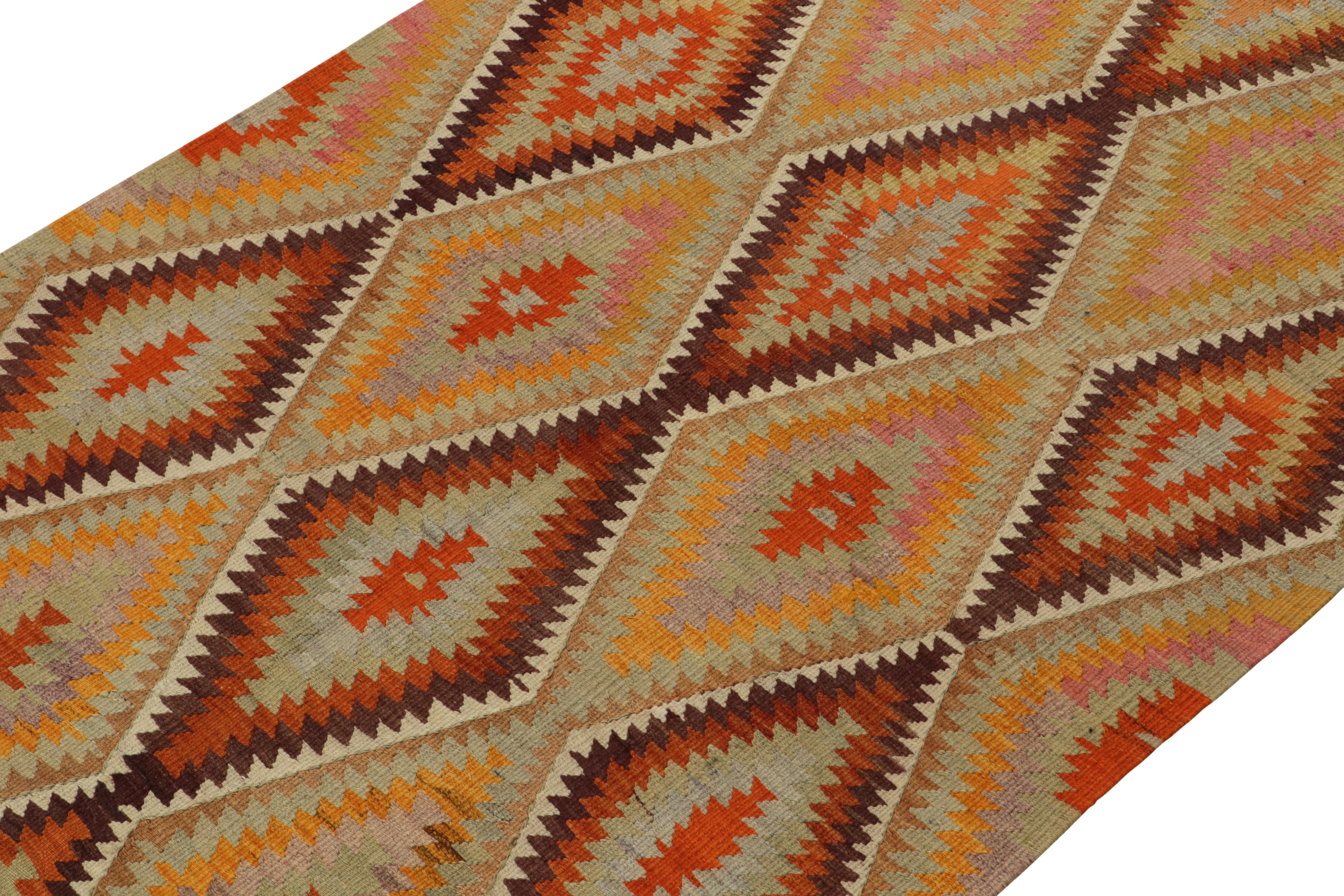 Hand-Woven 1950s Vintage Turkish Kilim rug in Orange, Gold Geometric Pattern by Rug & Kilim For Sale