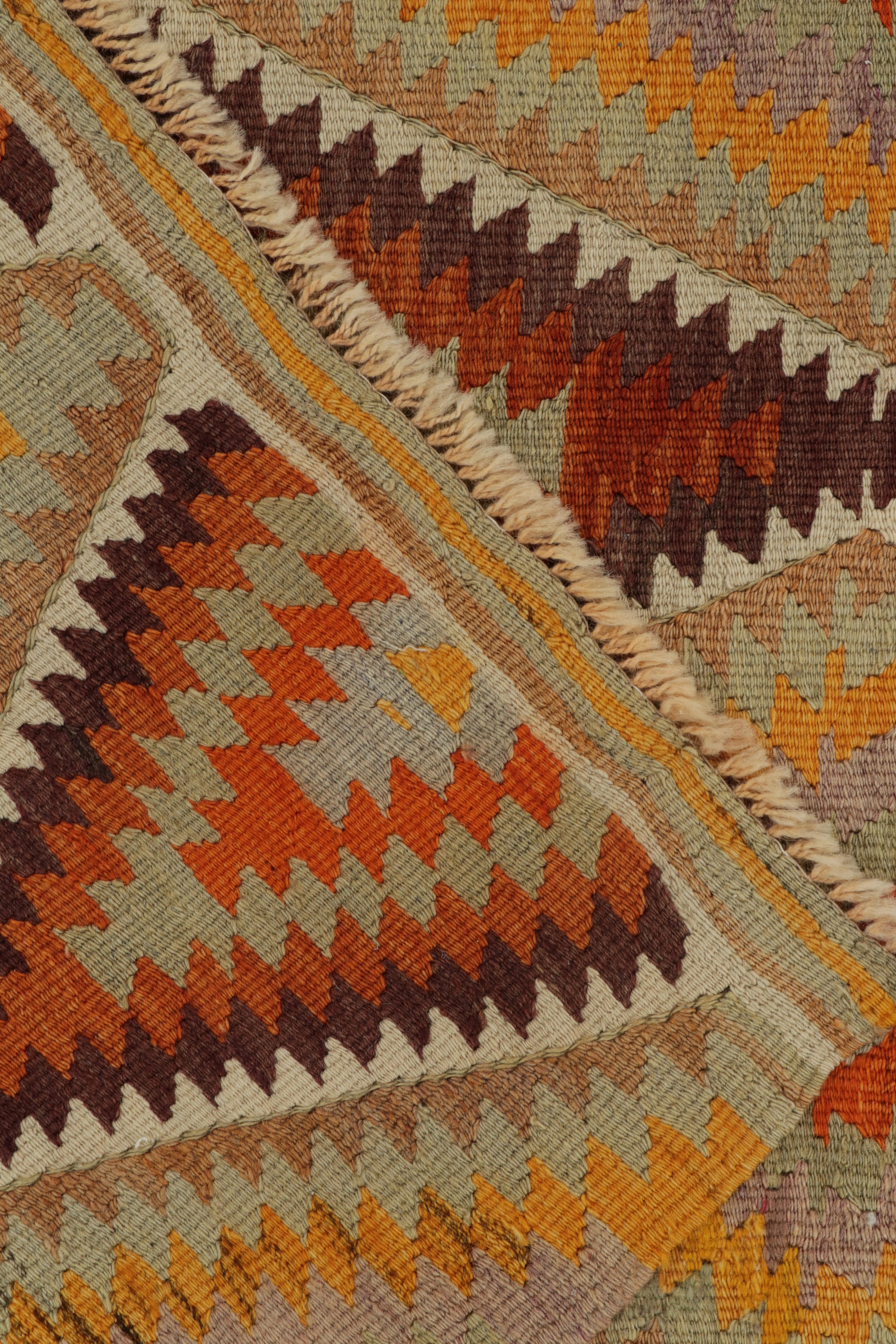 Wool 1950s Vintage Turkish Kilim rug in Orange, Gold Geometric Pattern by Rug & Kilim For Sale
