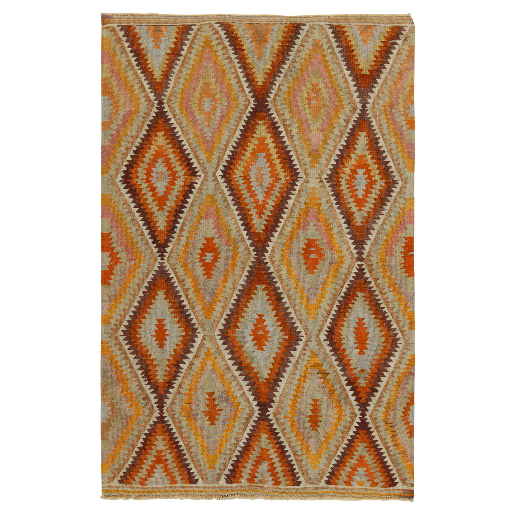 1950s Vintage Turkish Kilim rug in Orange, Gold Geometric Pattern by Rug & Kilim For Sale