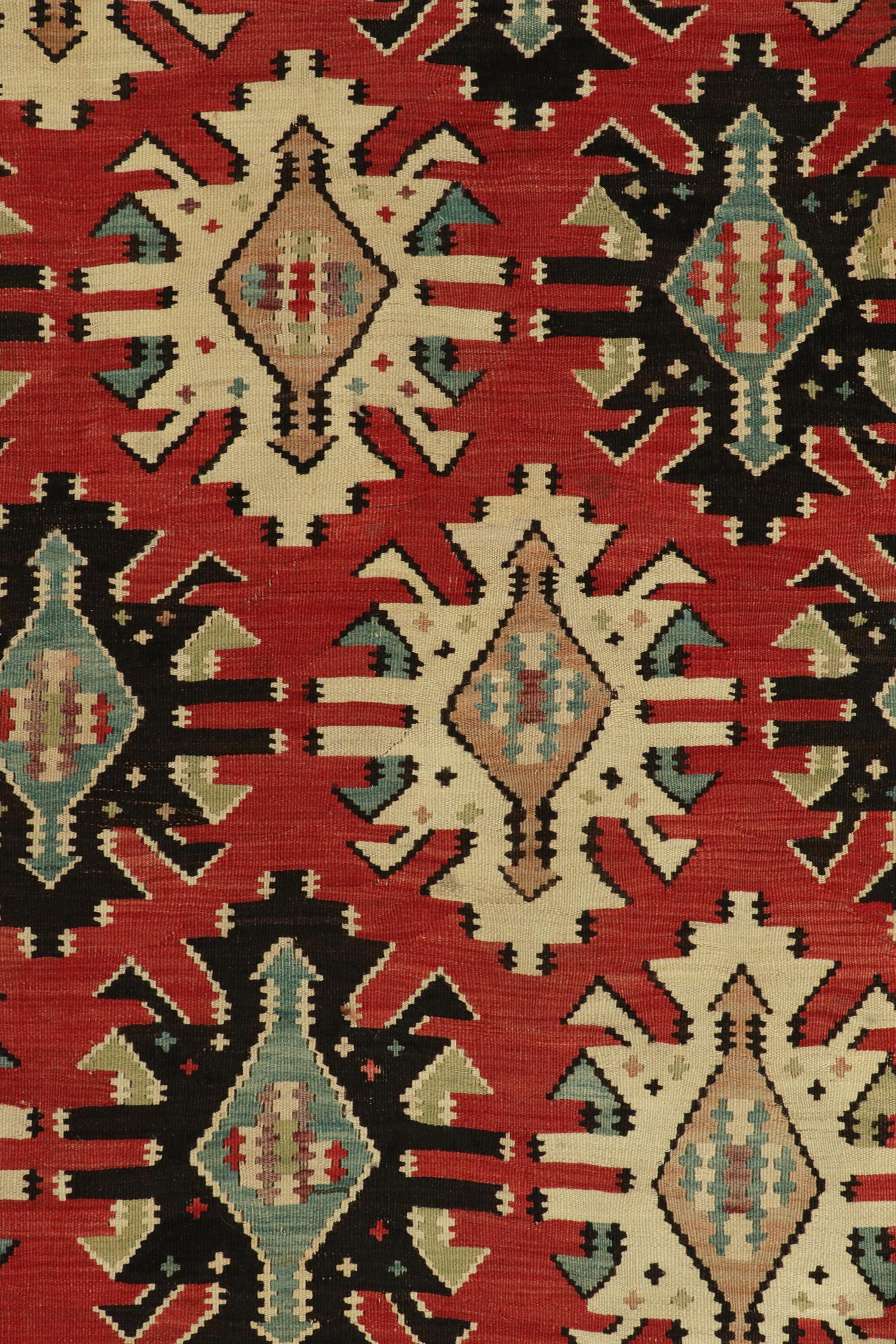 Hand-Knotted 1950s Vintage Turkish Rug in Red, Beige & Blue Geometric Pattern by Rug & Kilim For Sale