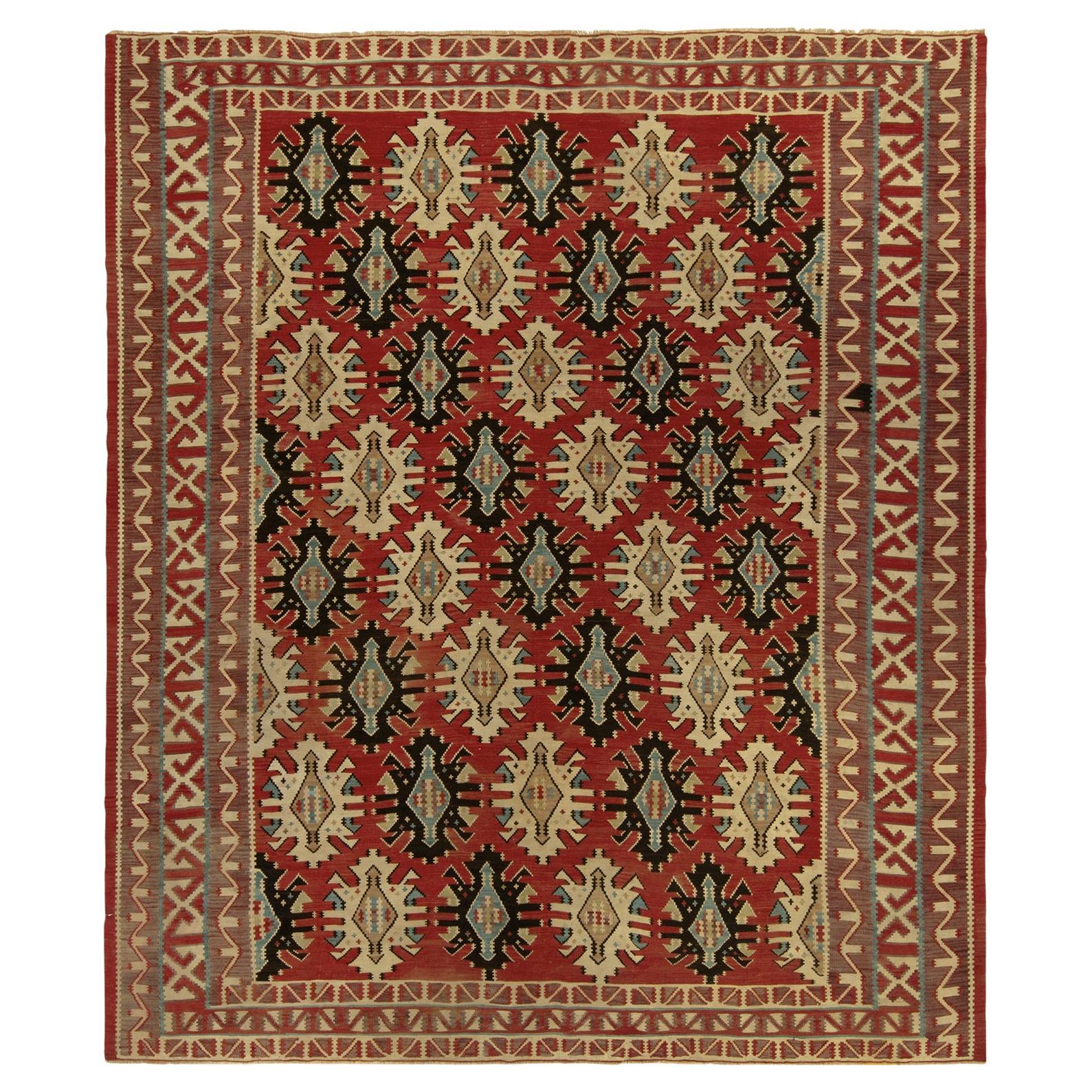 1950s Vintage Turkish Rug in Red, Beige & Blue Geometric Pattern by Rug & Kilim