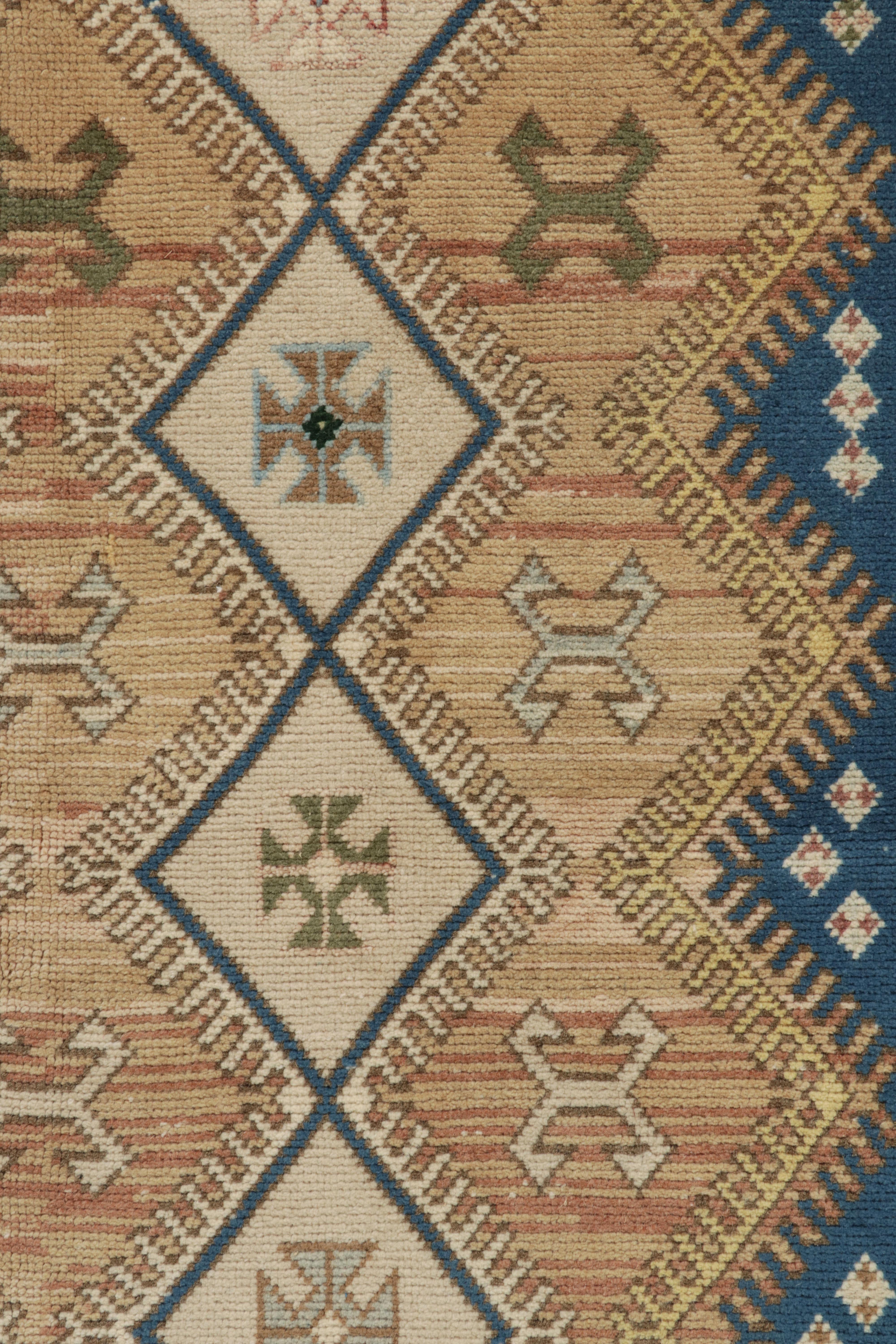 Wool 1950s, Vintage Turkish Tribal Rug Blue & Beige Geometric Pattern by Rug & Kilim For Sale