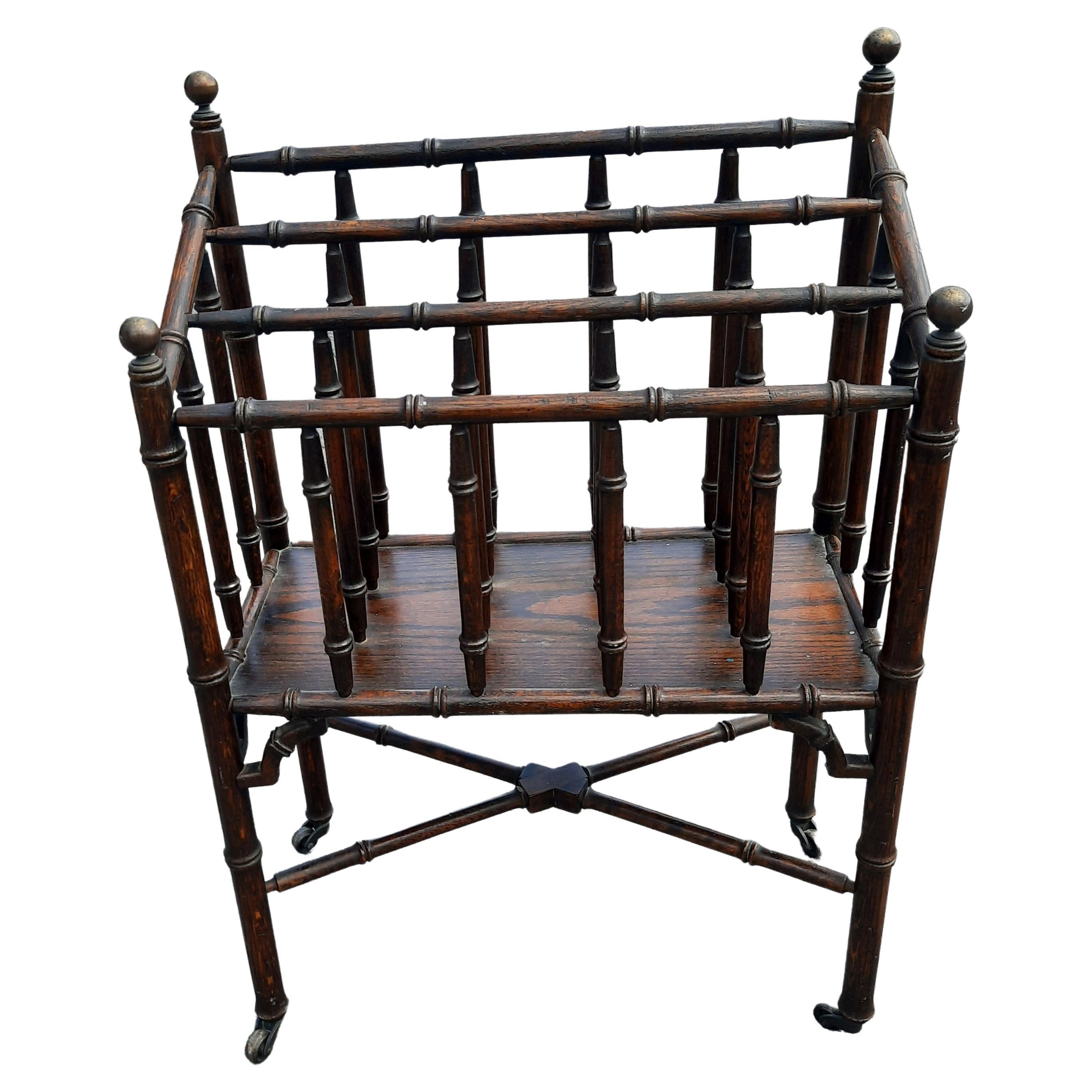 American 1950s Vintage Turned Oak Faux Bamboo Canterbury Reviewer Magazine Rack For Sale