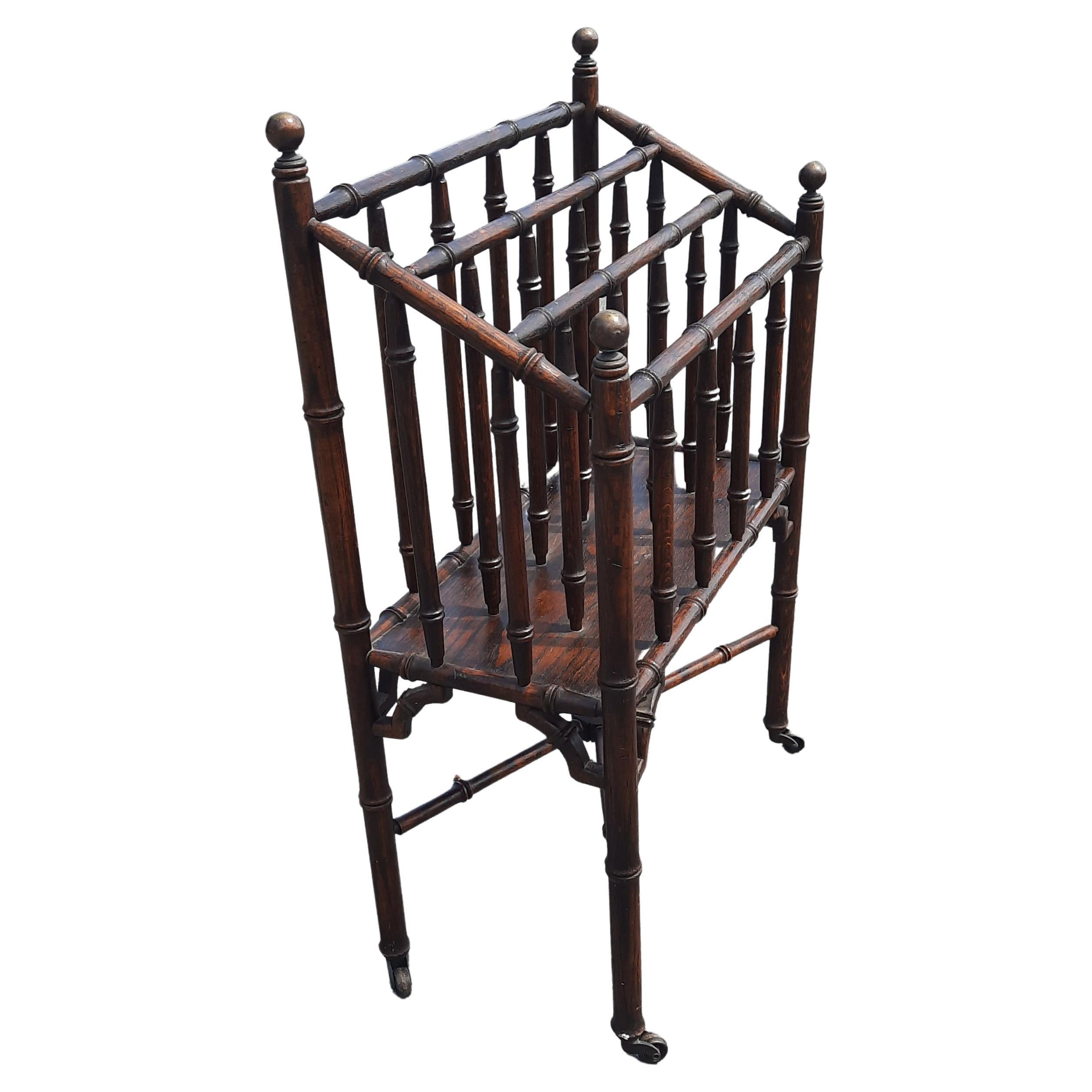 Hand-Crafted 1950s Vintage Turned Oak Faux Bamboo Canterbury Reviewer Magazine Rack For Sale