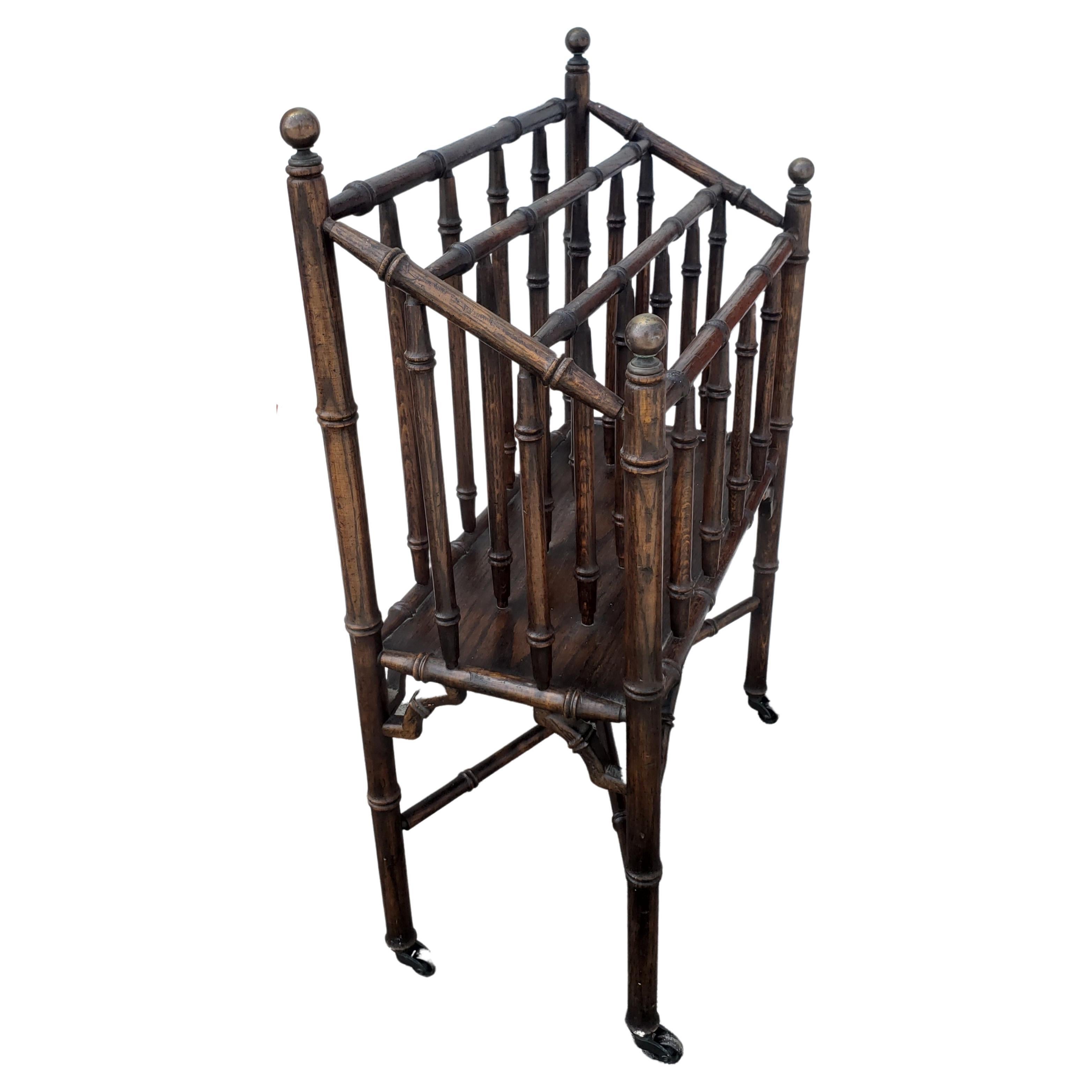 1950s Vintage Turned Oak Faux Bamboo Canterbury Reviewer Magazine Rack For Sale 1