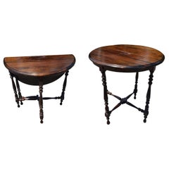 1950s Vintage Walnut Demilune Drop Leaf Console Table Side Table