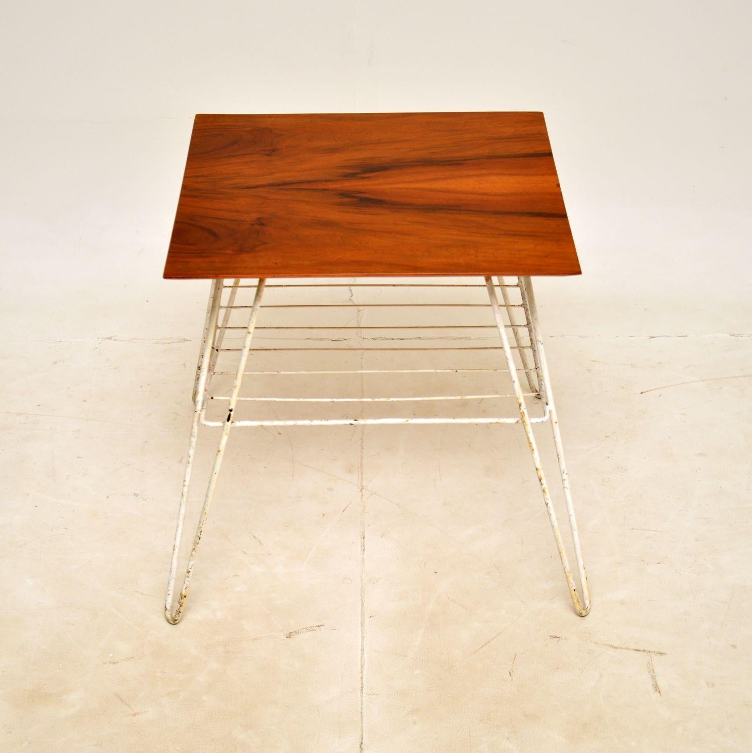 Mid-Century Modern 1950s Vintage Walnut & Steel Side Table For Sale