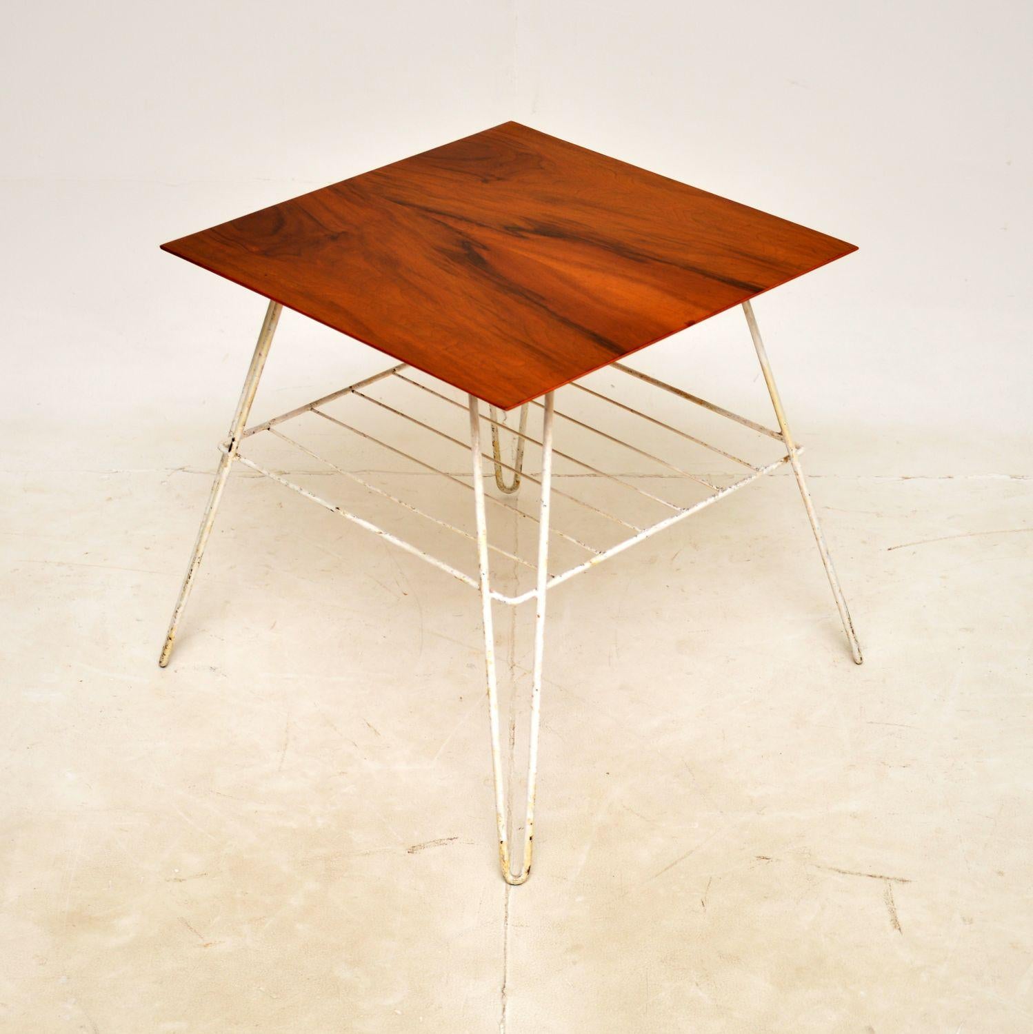 British 1950s Vintage Walnut & Steel Side Table For Sale