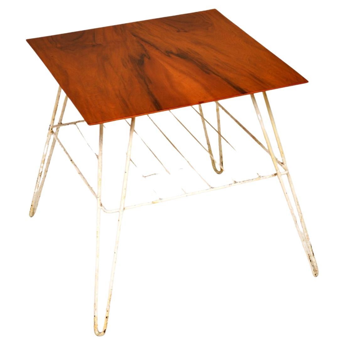 1950s Vintage Walnut & Steel Side Table For Sale