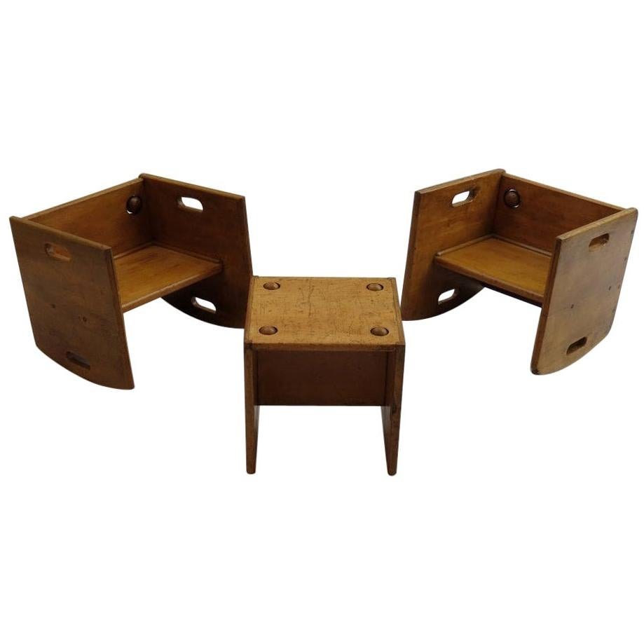 1950s Vintage Wooden Childs Chair Set Chair and Table Set Toy Push Along