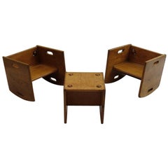 Ensemble chaise et ensemble de table pour enfants en bois vintage des années 1950 Jouet Push Along