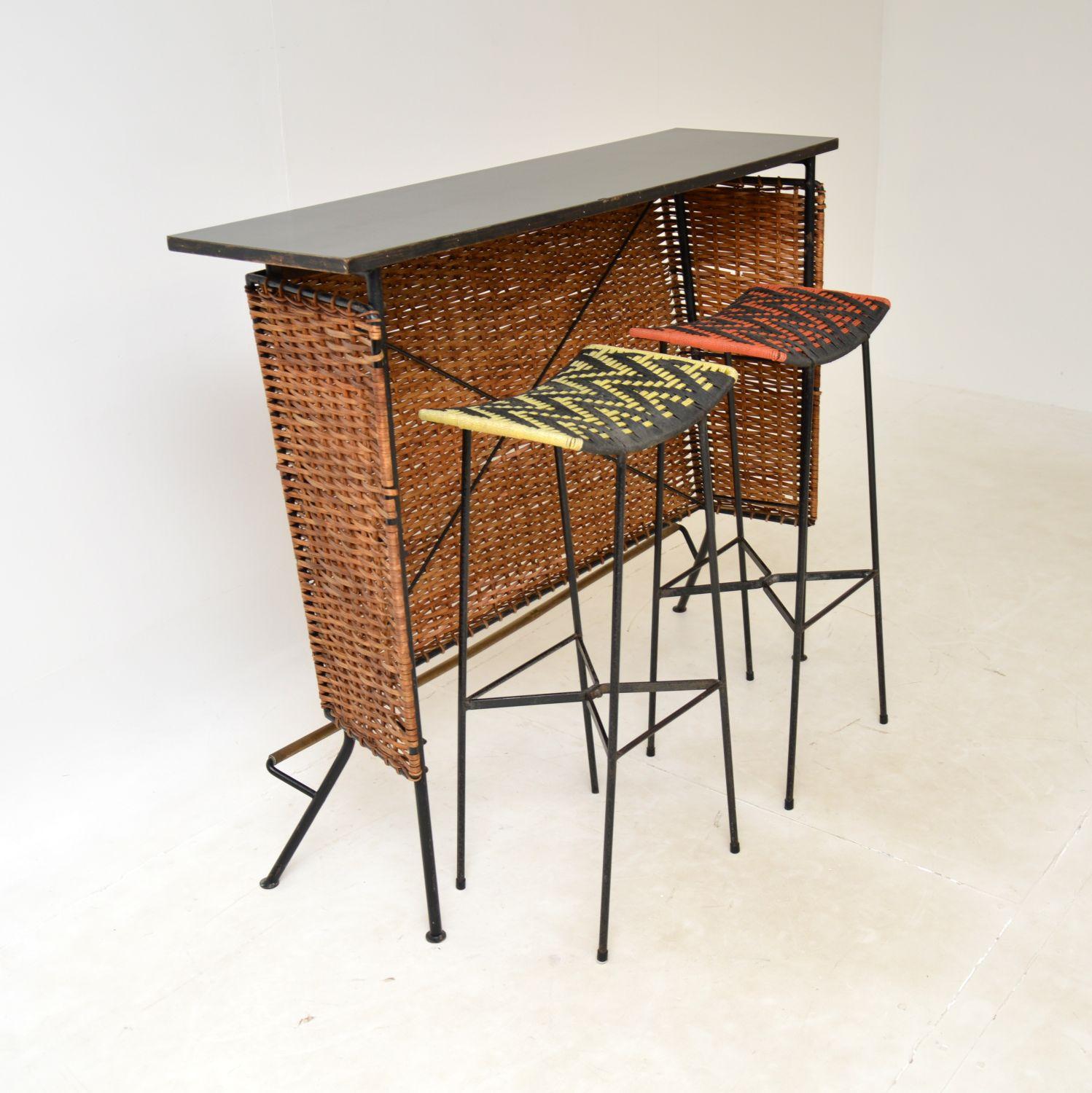 Mid-Century Modern 1950s Vintage Woven Rattan Bar & Stools For Sale