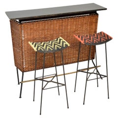 1950er Jahre Vintage Bar- und Hocker aus gewebtem Rattan