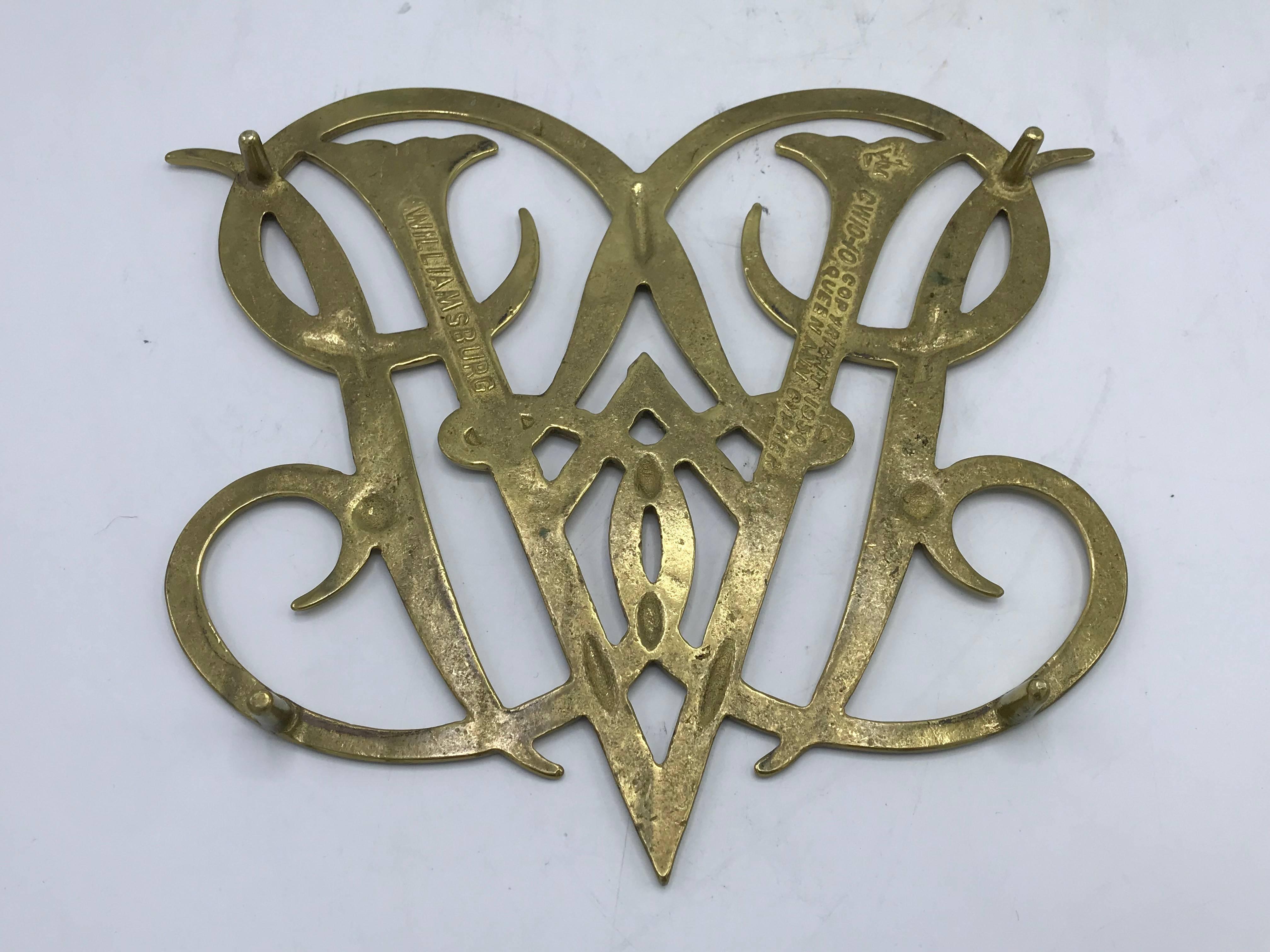Brass Hot Plate Metalcrafters Brass Cypher Trivet William and Mary Williamsburg Brass Typography Virginia Calligraphy Metal Trivet