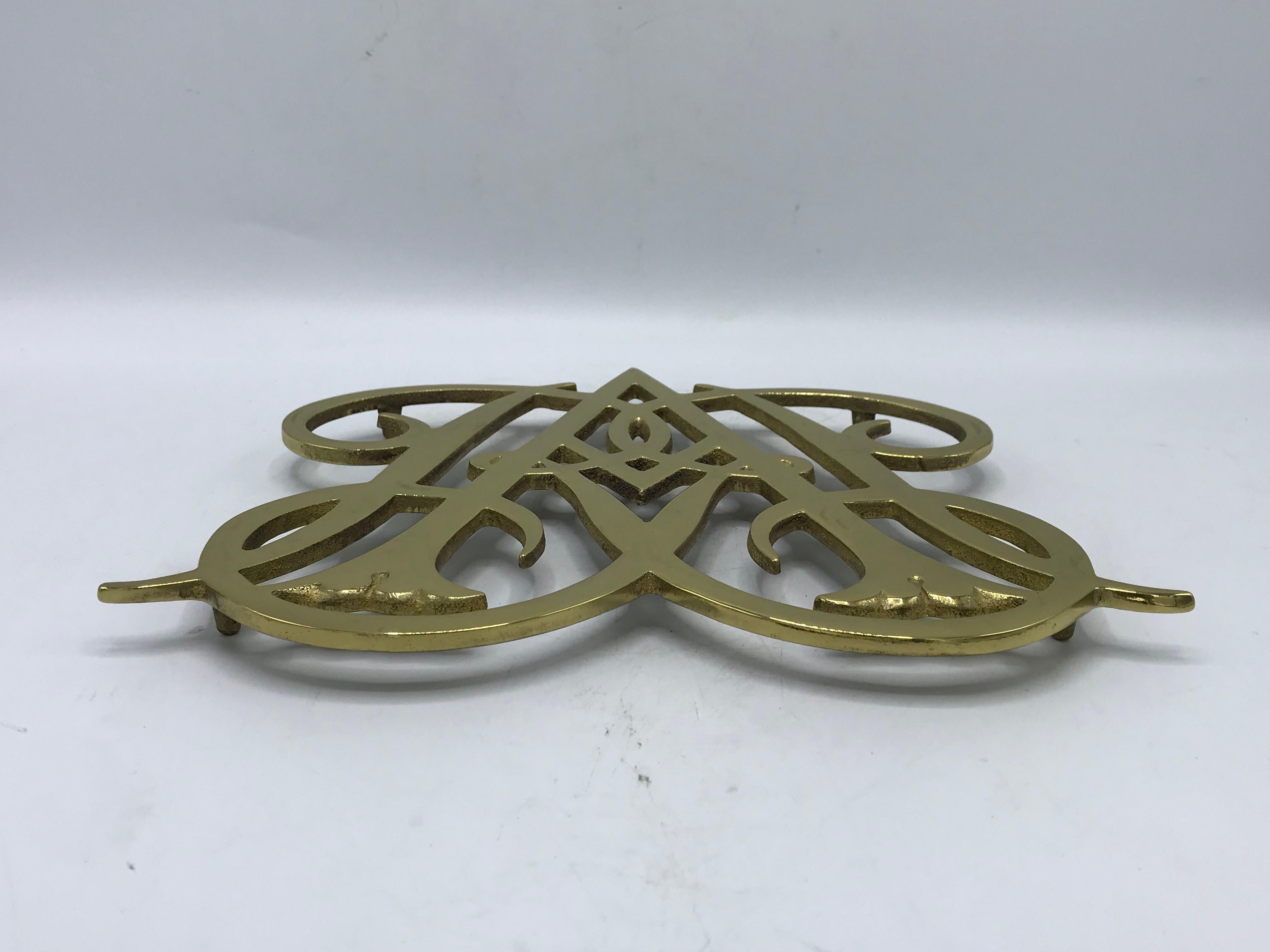 American 1950s Virginia Metalcrafters Brass Queen Ann Cypher Williamsburg Trivet For Sale
