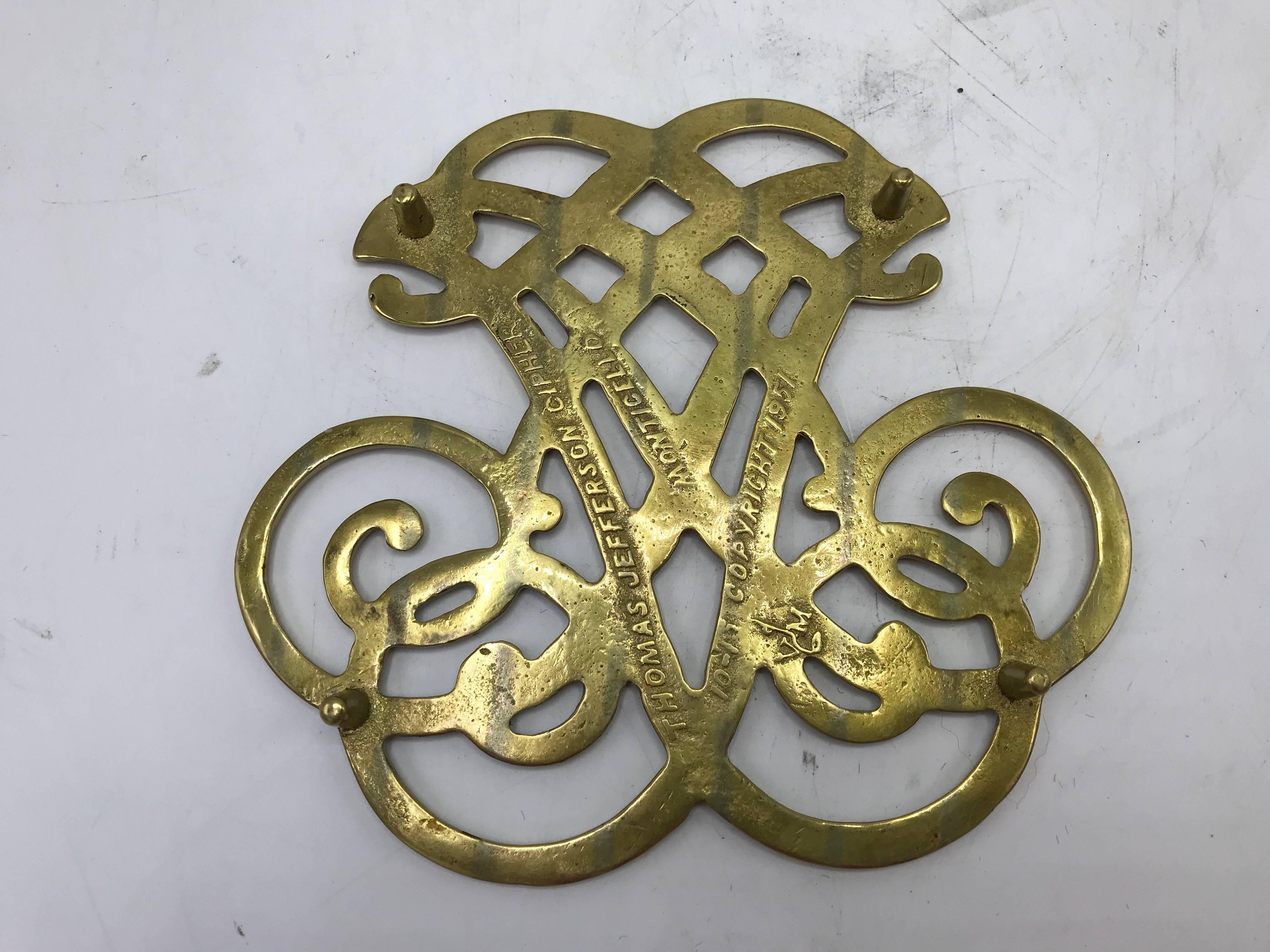 American Colonial 1950s Virginia Metalcrafters Thomas Jefferson Monticello Cypher Brass Trivet
