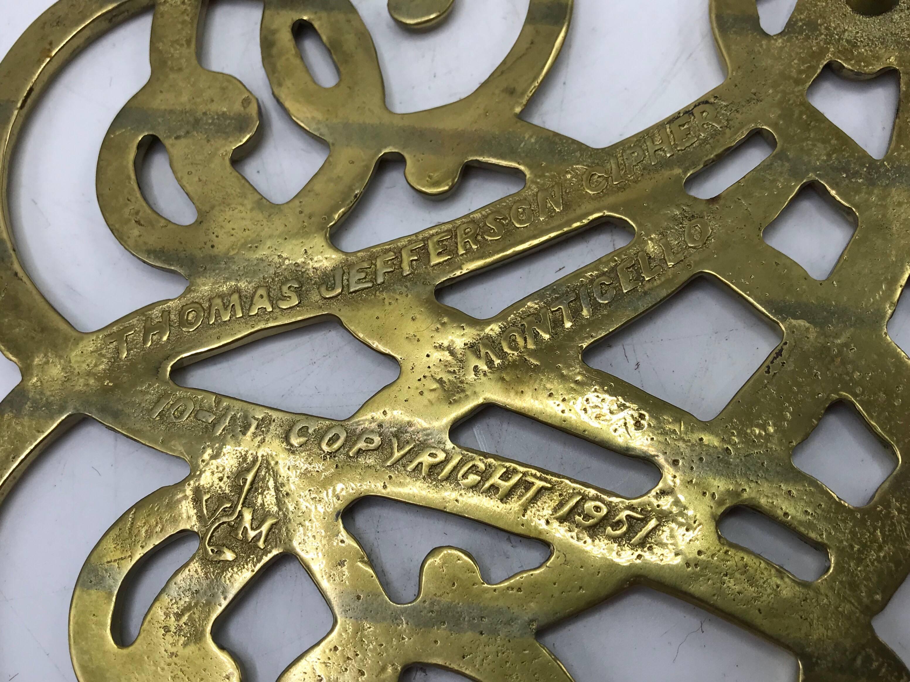 American 1950s Virginia Metalcrafters Thomas Jefferson Monticello Cypher Brass Trivet