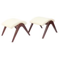1950's Vladimir Kagan Pair of Foot Stools Wood White Leather Mid Century