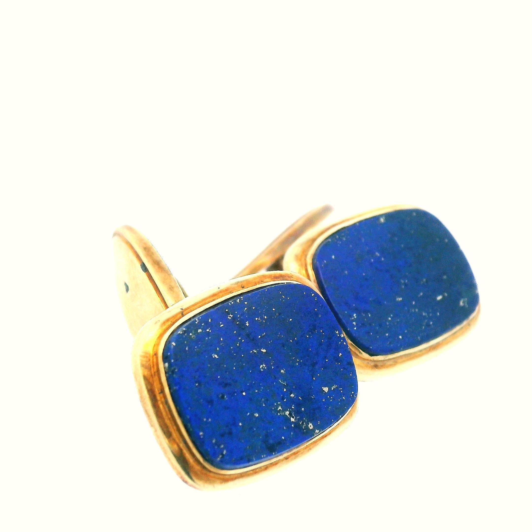 Cabochon 1950s W Germany 14K Yellow Gold Lapis Cufflinks For Sale