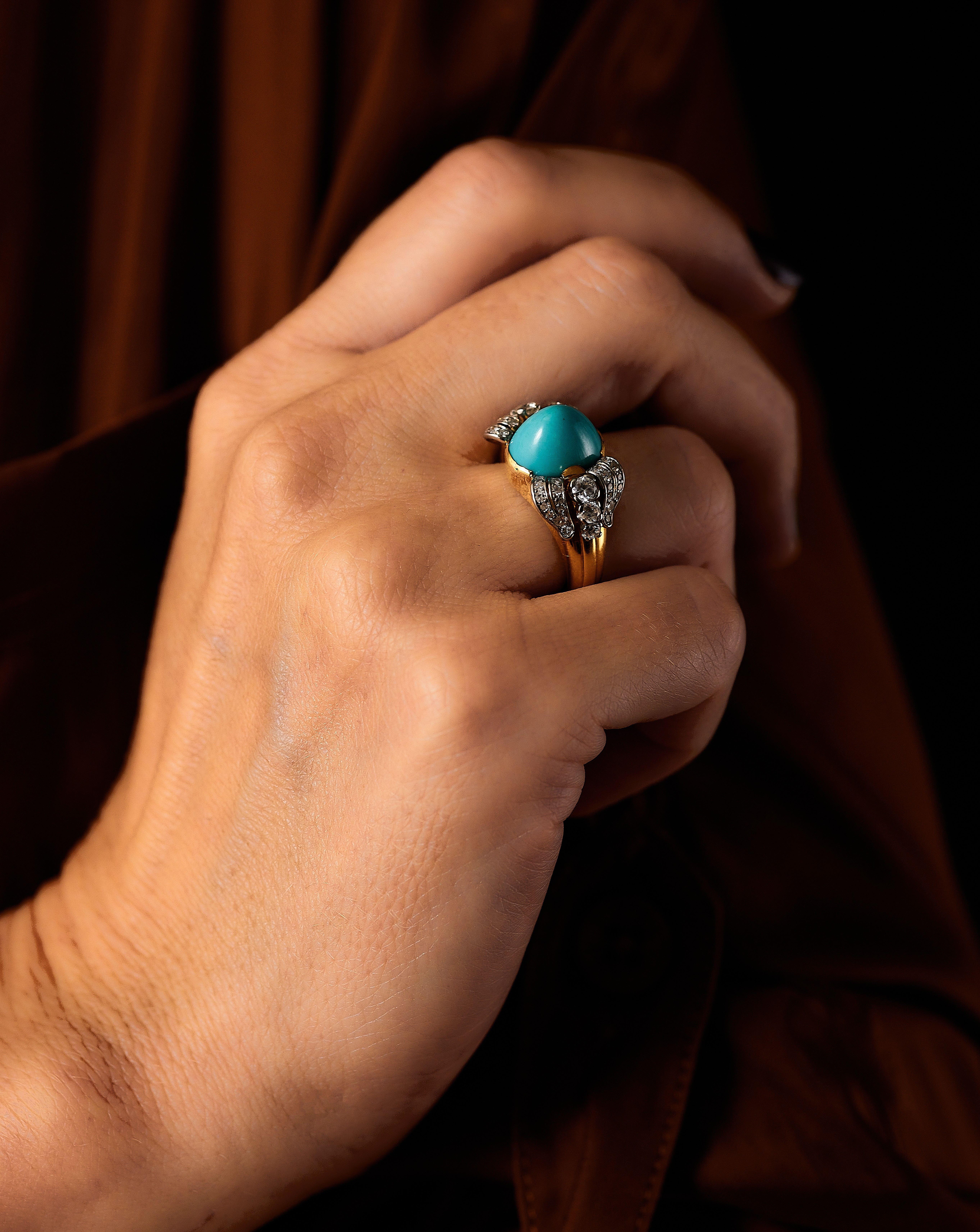 Modern 1950s W.A. Bolin ring set with turquoise and diamonds. For Sale