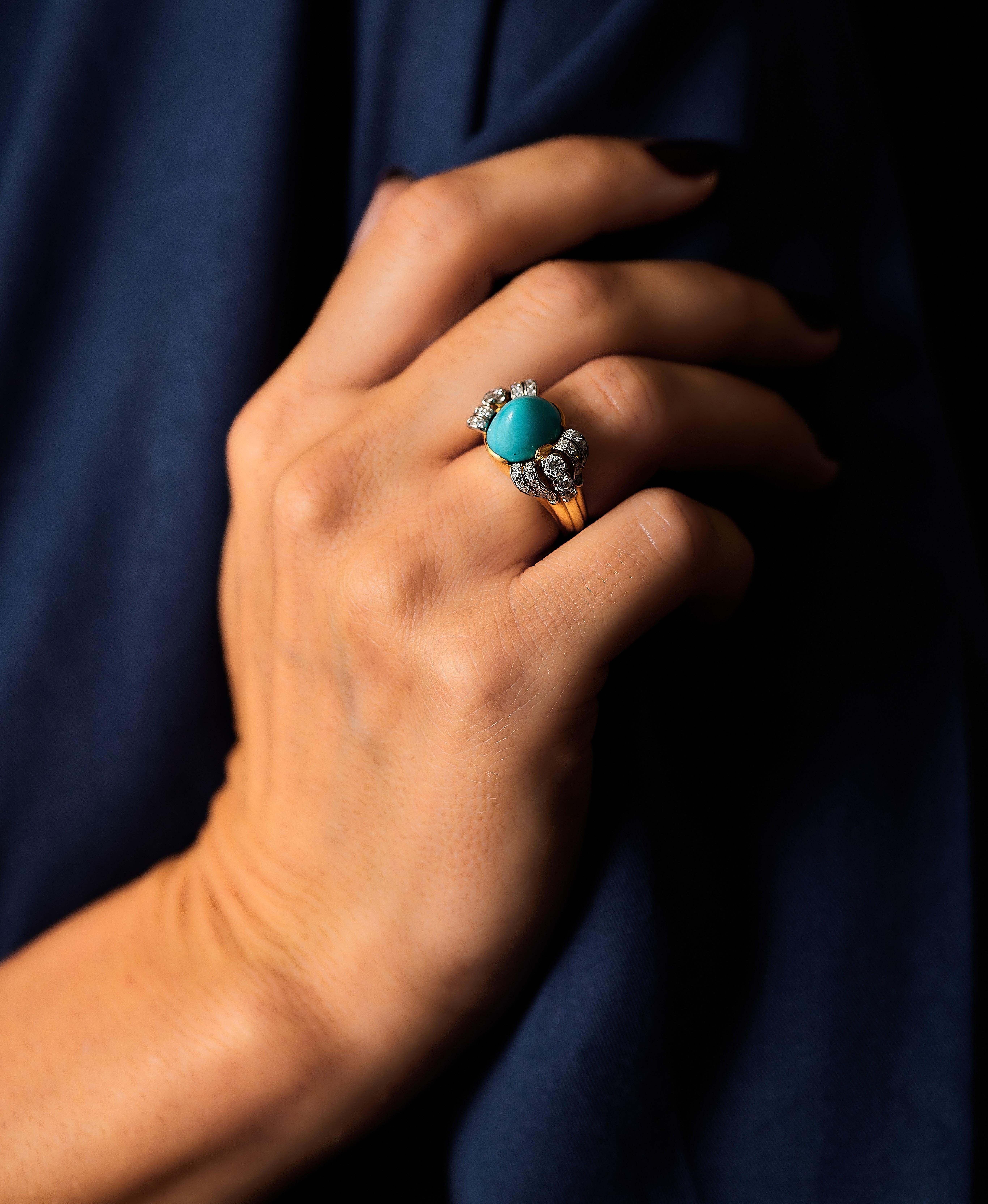 1950s W.A. Bolin ring set with turquoise and diamonds. In Good Condition For Sale In Malmö, Skåne län