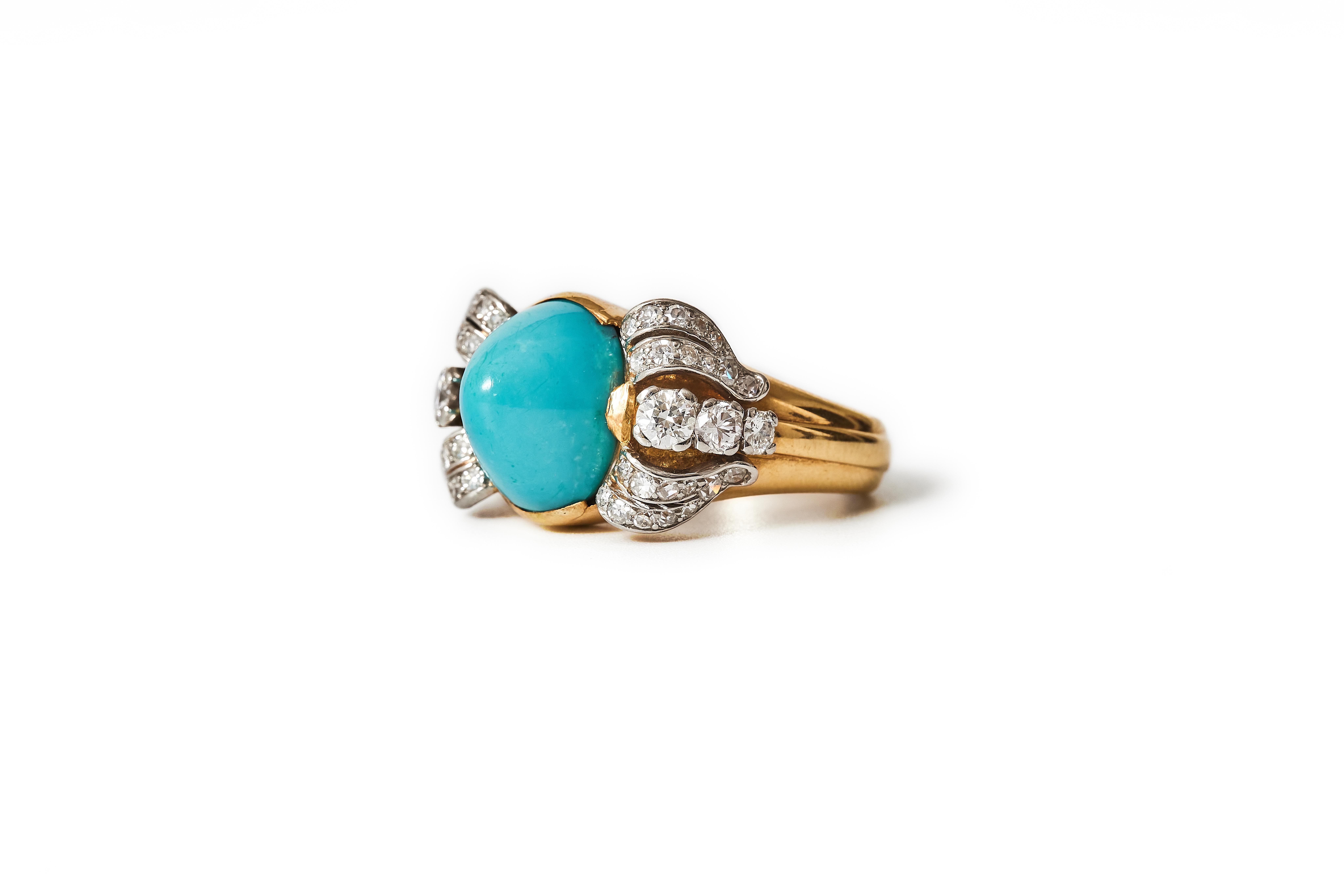 Women's 1950s W.A. Bolin ring set with turquoise and diamonds. For Sale