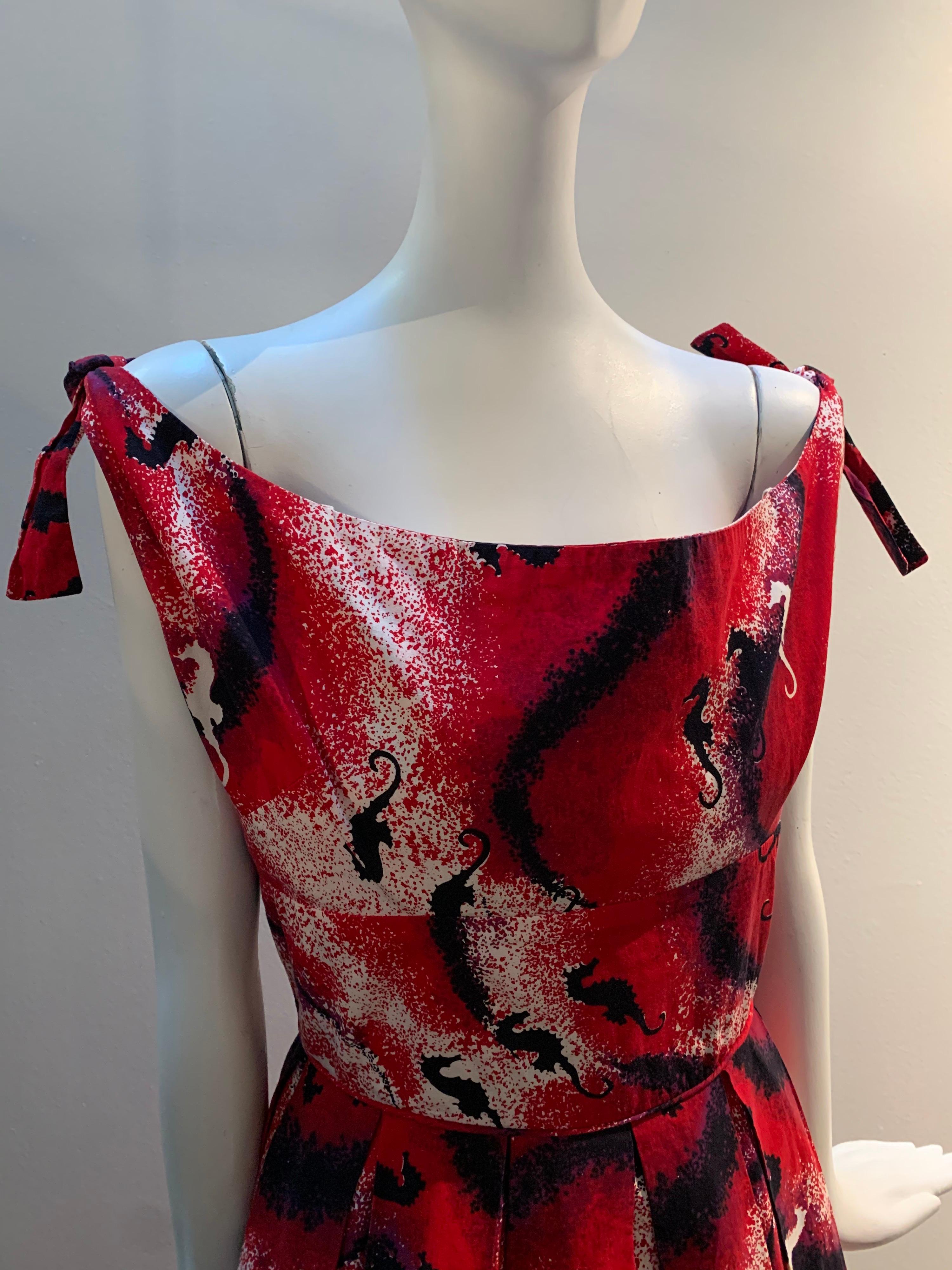 1950s Waikiki Sports Red White & Black Cotton Sun Dress W/ Seahorse & Wave Print For Sale 3
