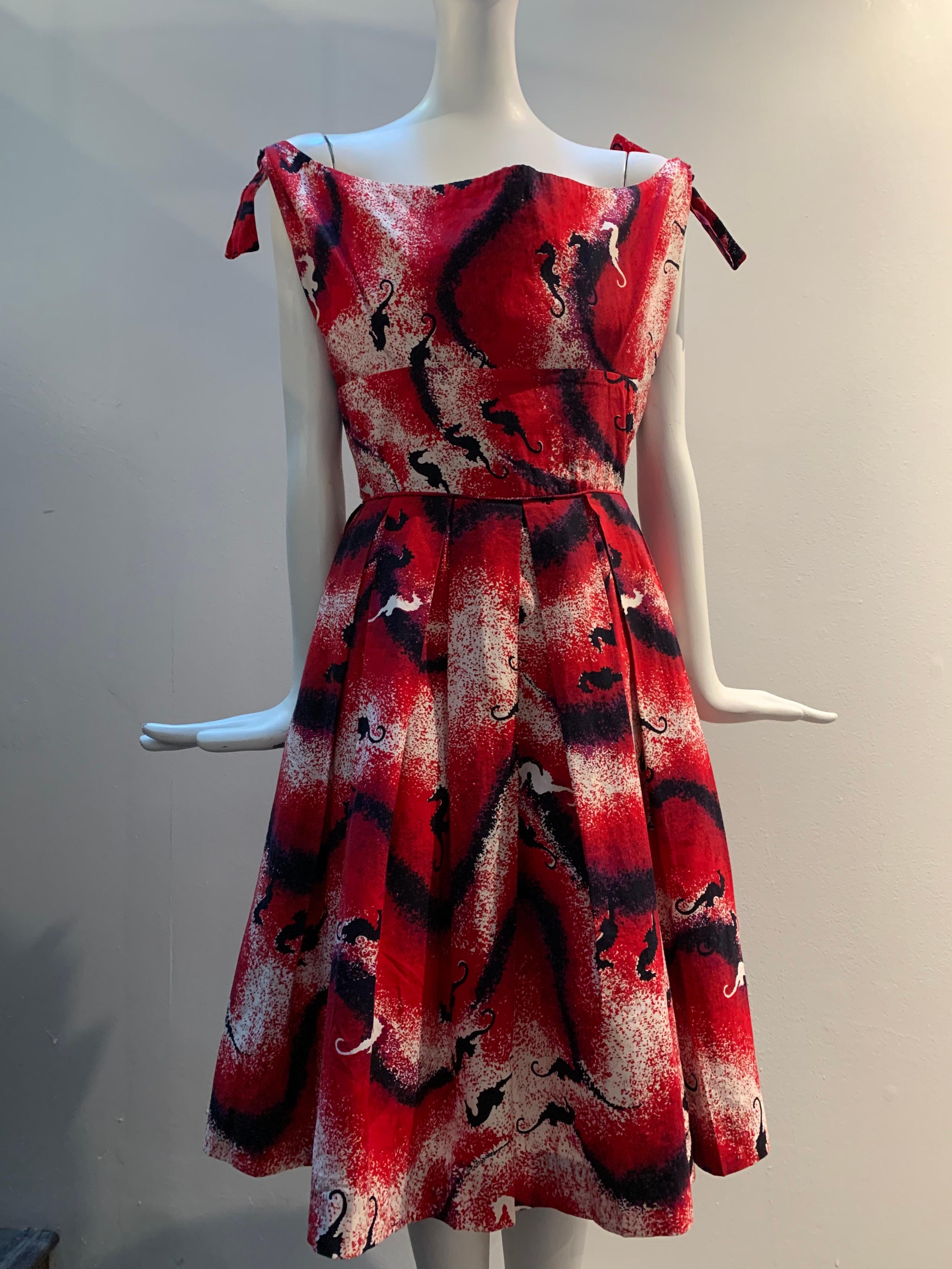 1950s Waikiki Sports Red White & Black Cotton Sun Dress W/ Seahorse & Wave Print For Sale 2