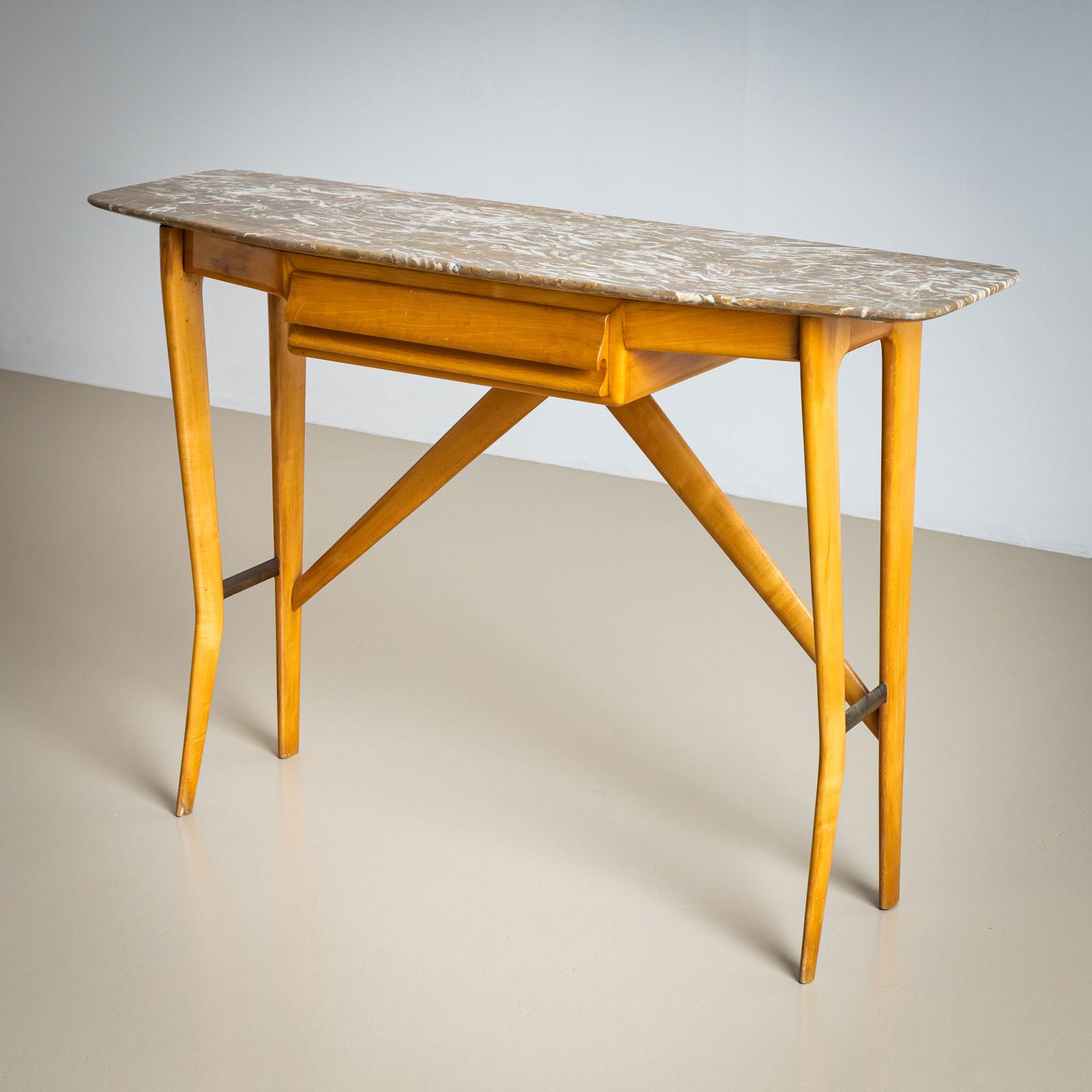 Wall console made of beech with a grey marble top with white veins and a drawer. The console has been restored and polished by hand. It is the perfect addition to any entrance or hallway.