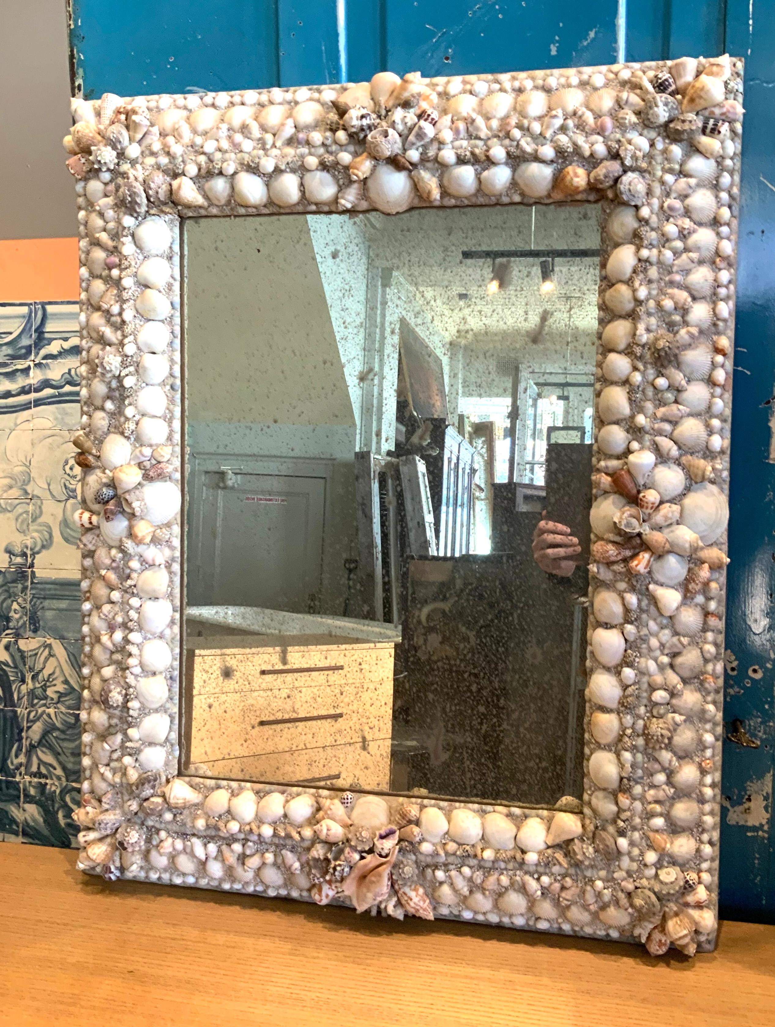 A beautiful 1950s wall mirror, with a plaster frame expertly encrusted with natural seashells, in a Classic pattern with larger repeated patterns in the corners and the center of each side. centered with an antique mirror with age and character.