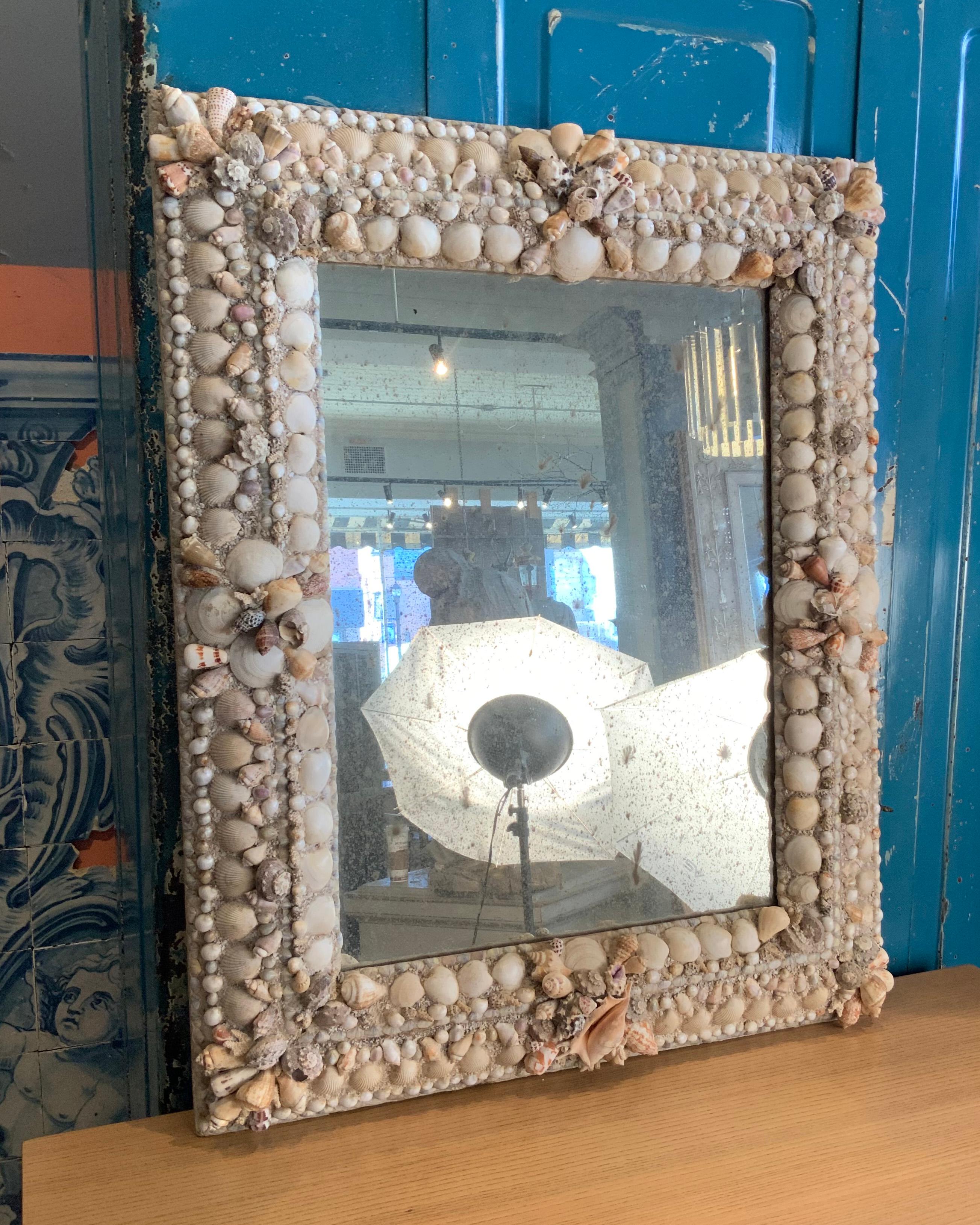 1950s Wall Mirror with Elaborately Decorated Natural Shell Border 1