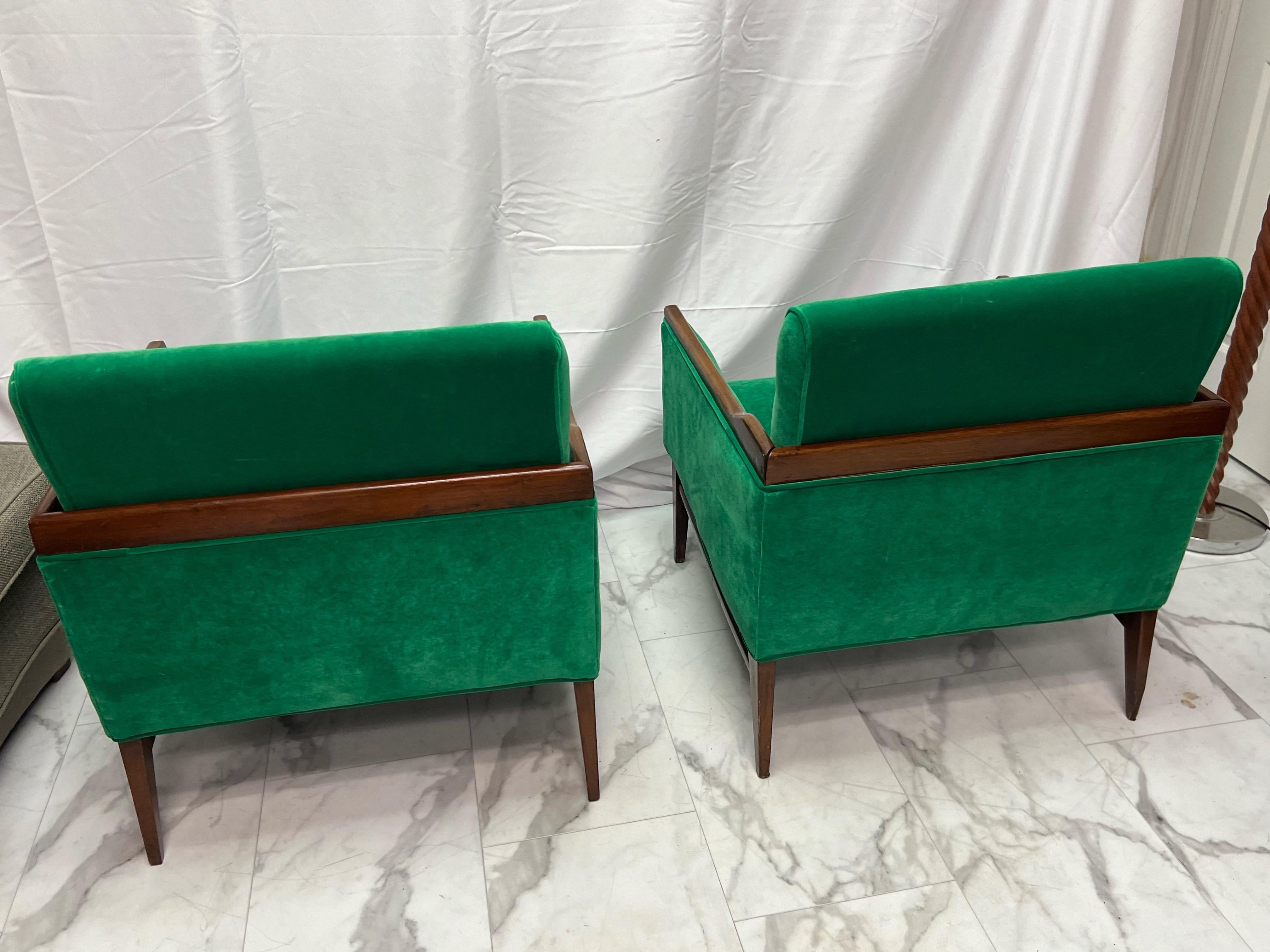 1950’s Walnut and Green Velvet Low Profile Chairs - a Pair For Sale 4