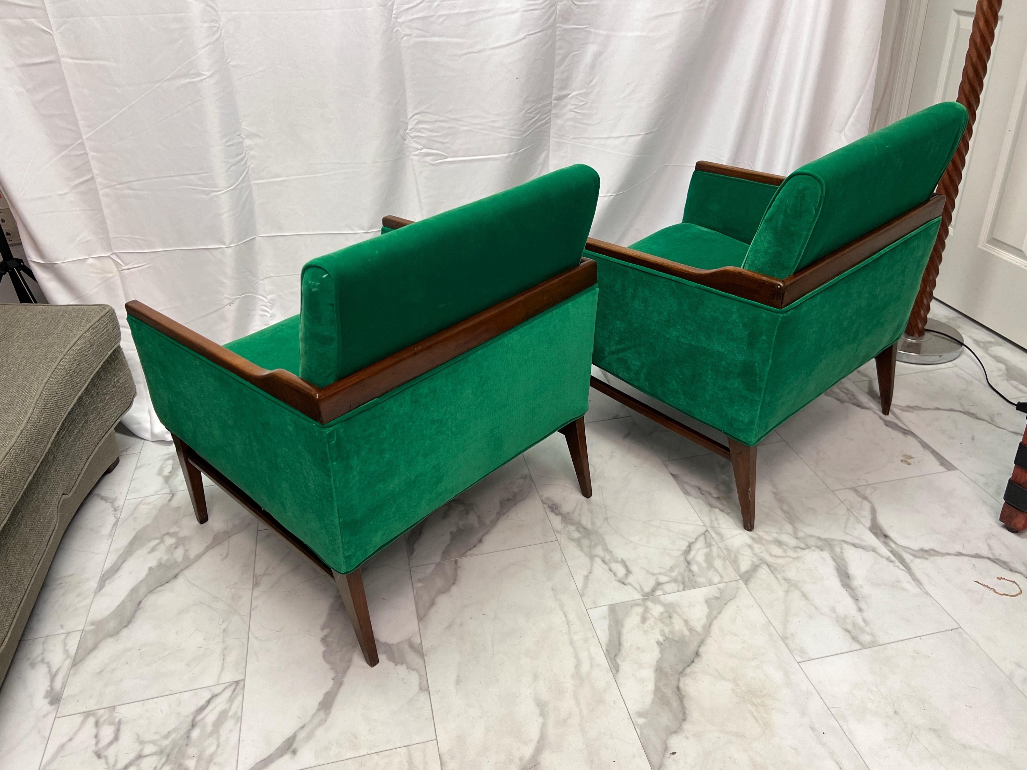 1950’s Walnut and Green Velvet Low Profile Chairs - a Pair For Sale 5