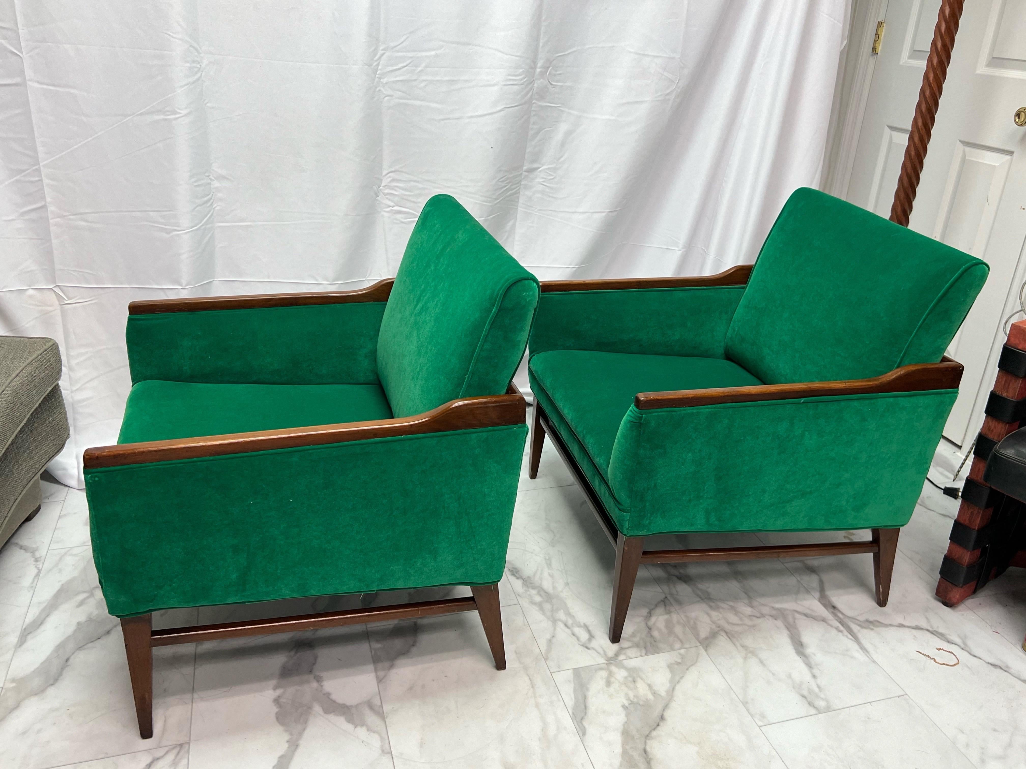 1950’s Walnut and Green Velvet Low Profile Chairs - a Pair For Sale 6