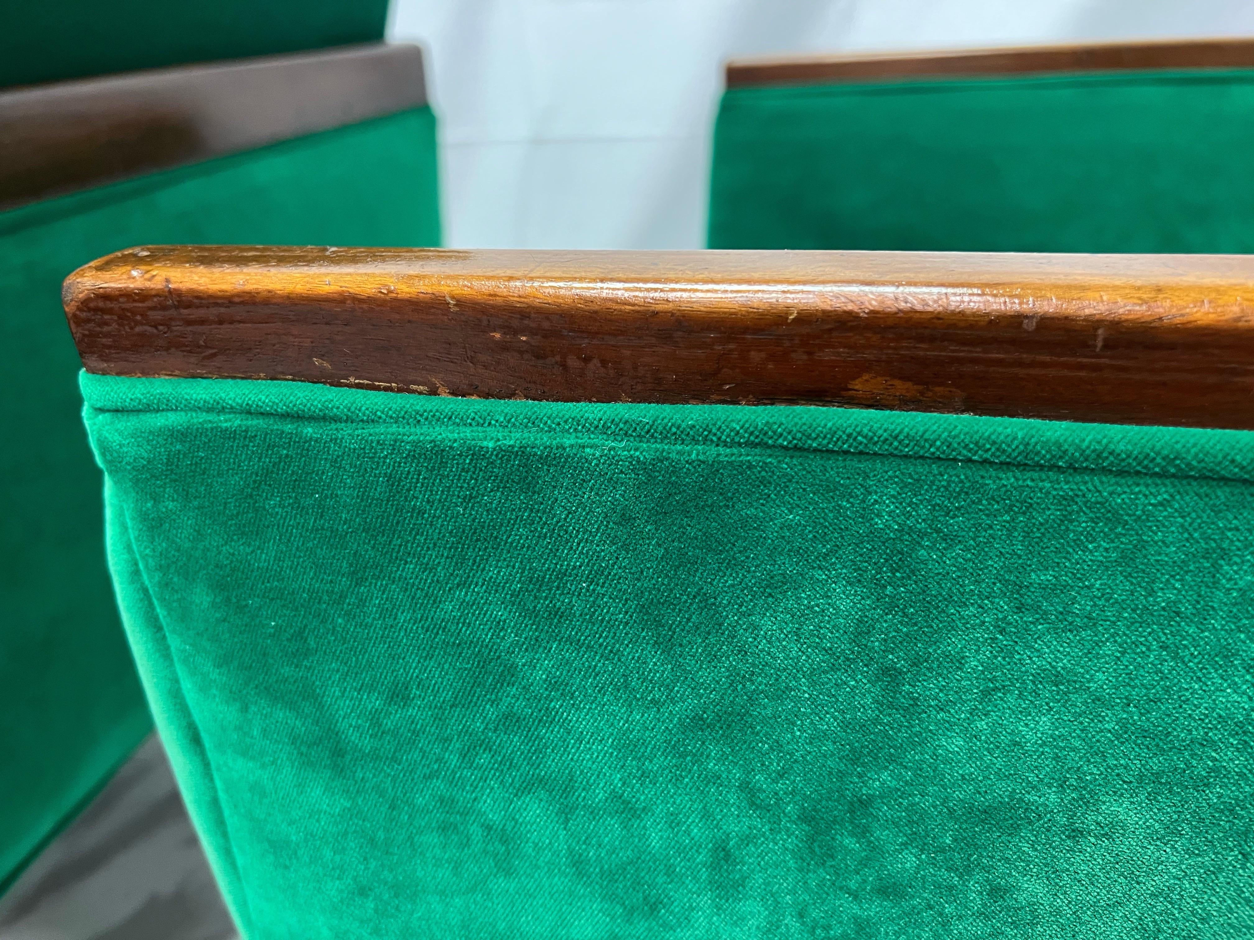 1950’s Walnut and Green Velvet Low Profile Chairs - a Pair For Sale 7