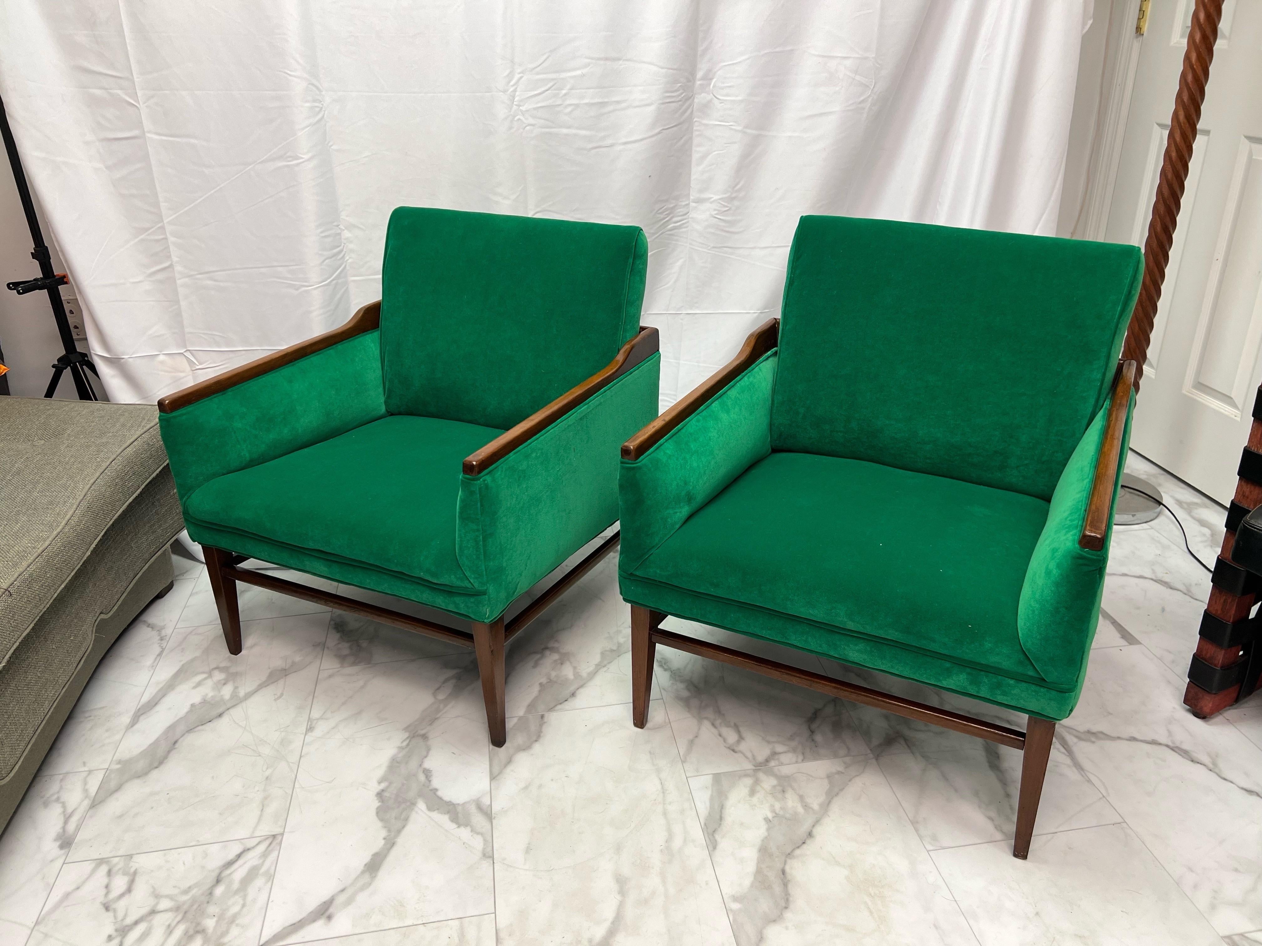 1950’s Walnut and Green Velvet Low Profile Chairs - a Pair For Sale 8