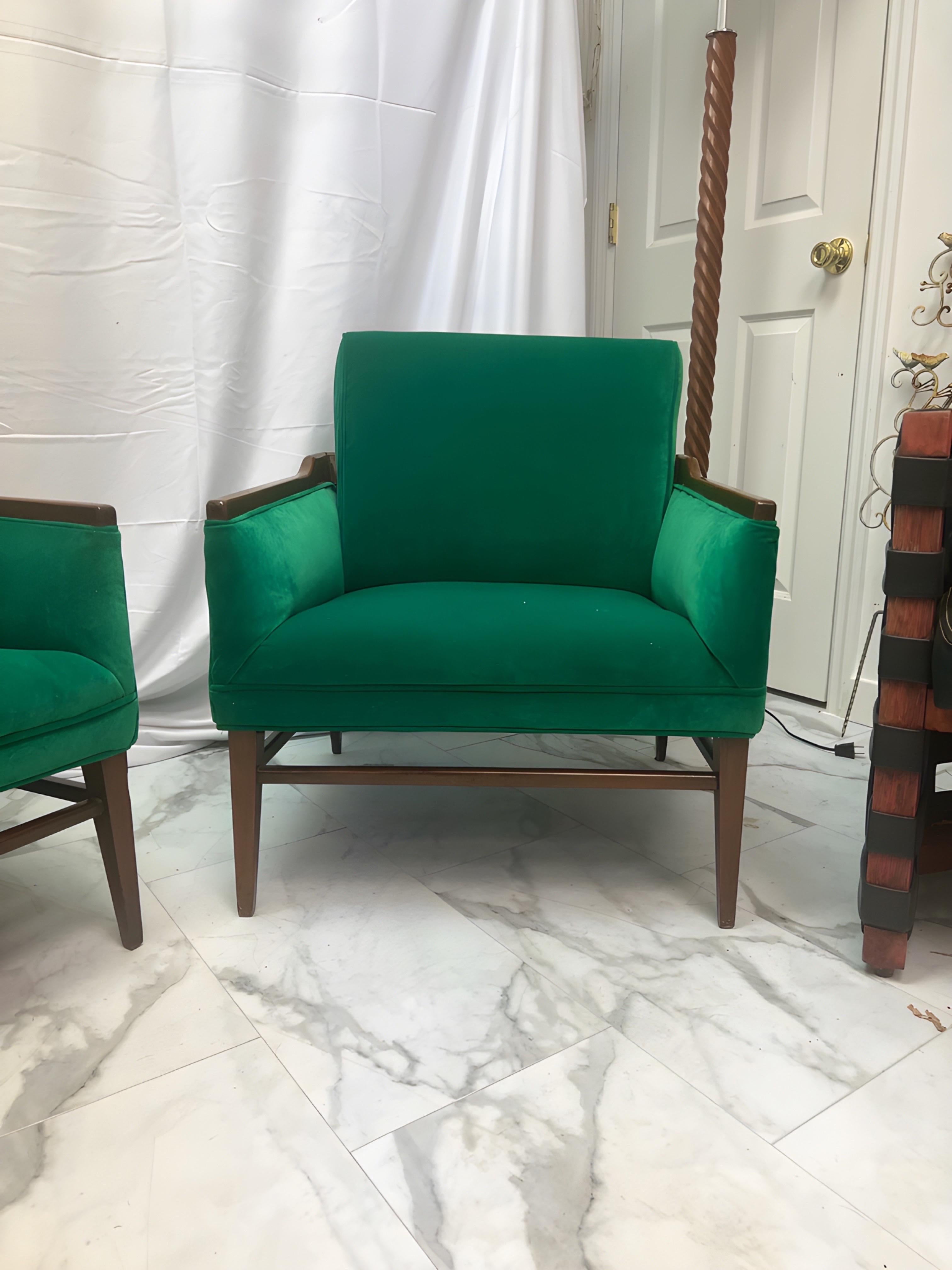 Mid-Century Modern 1950’s Walnut and Green Velvet Low Profile Chairs - a Pair For Sale