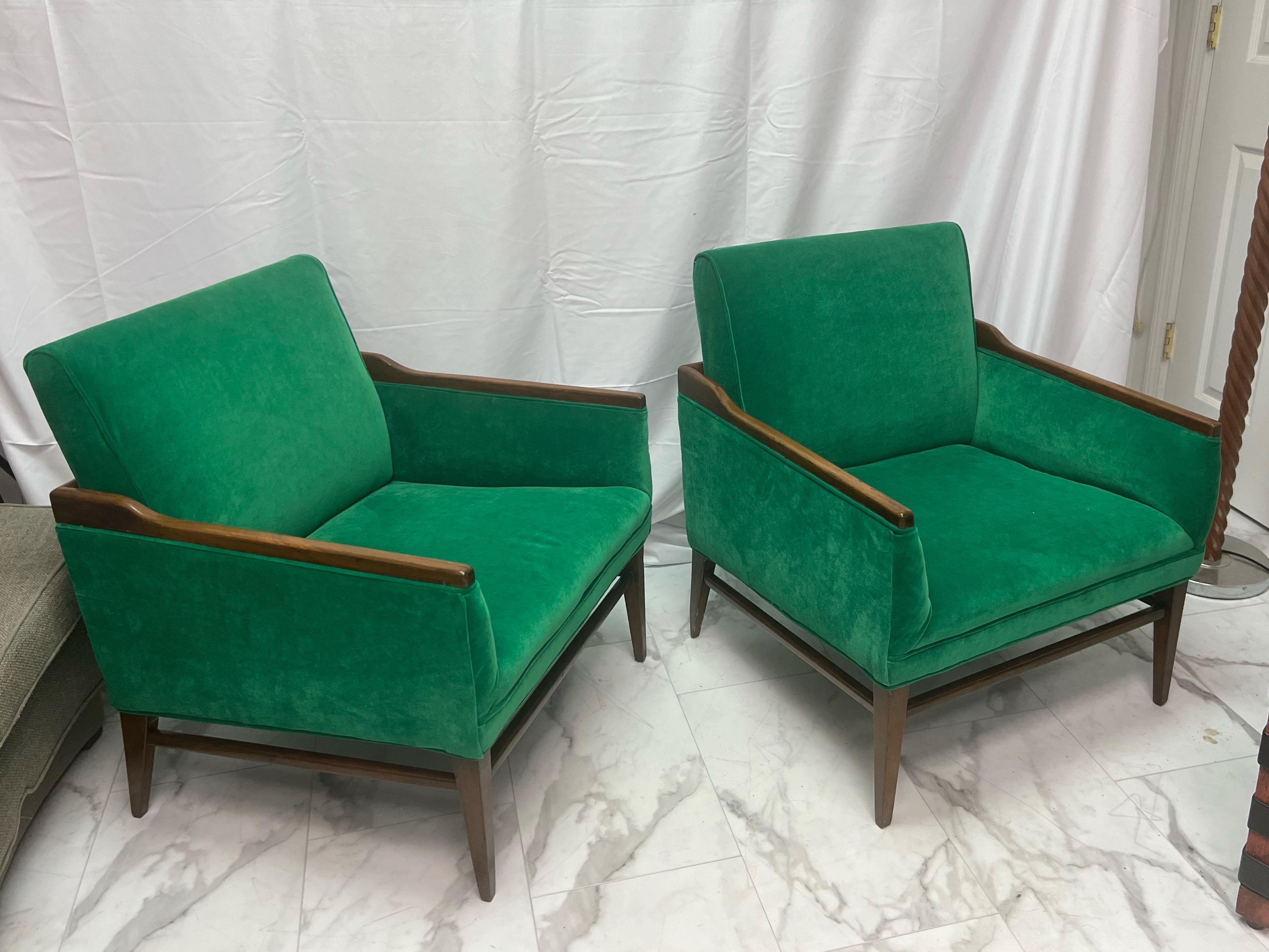 1950’s Walnut and Green Velvet Low Profile Chairs - a Pair In Good Condition For Sale In Charleston, SC