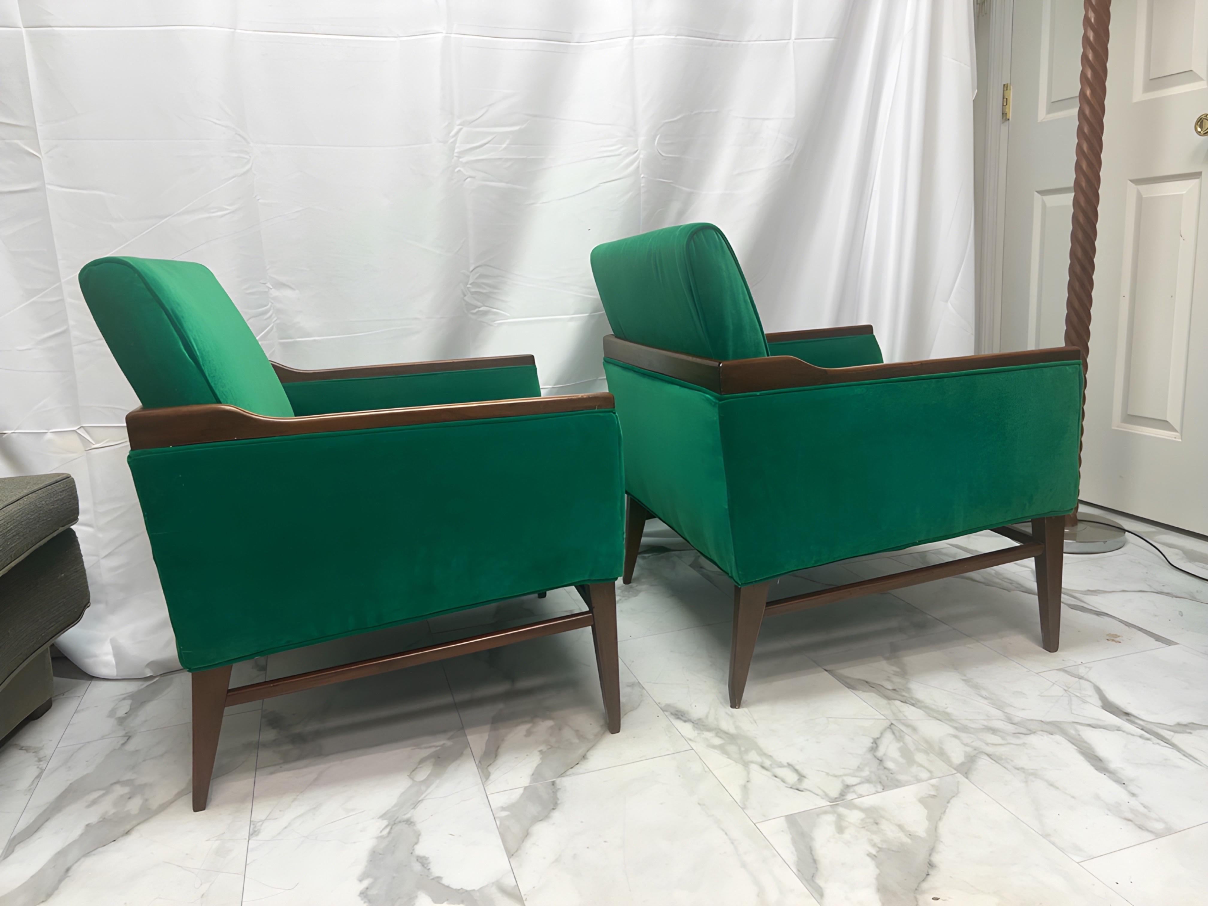 1950’s Walnut and Green Velvet Low Profile Chairs - a Pair For Sale 2