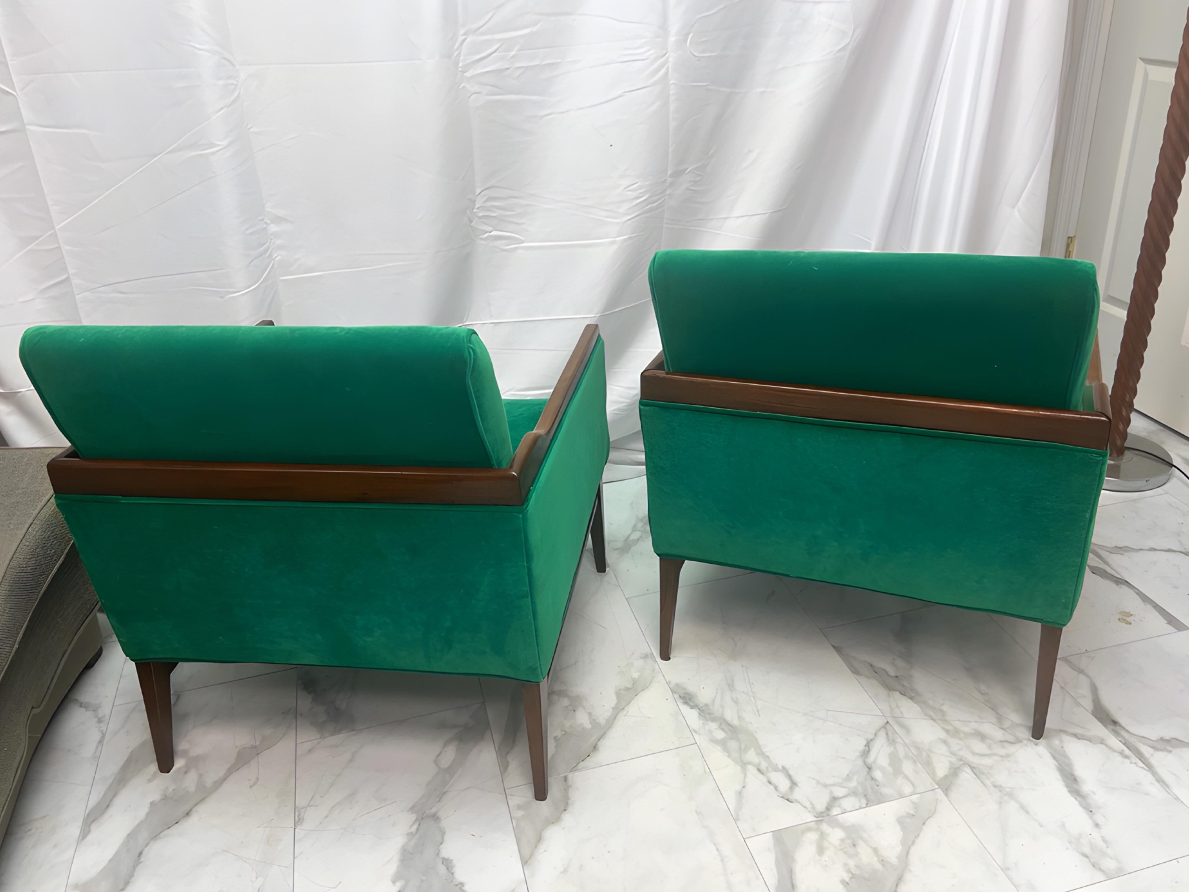 1950’s Walnut and Green Velvet Low Profile Chairs - a Pair For Sale 3