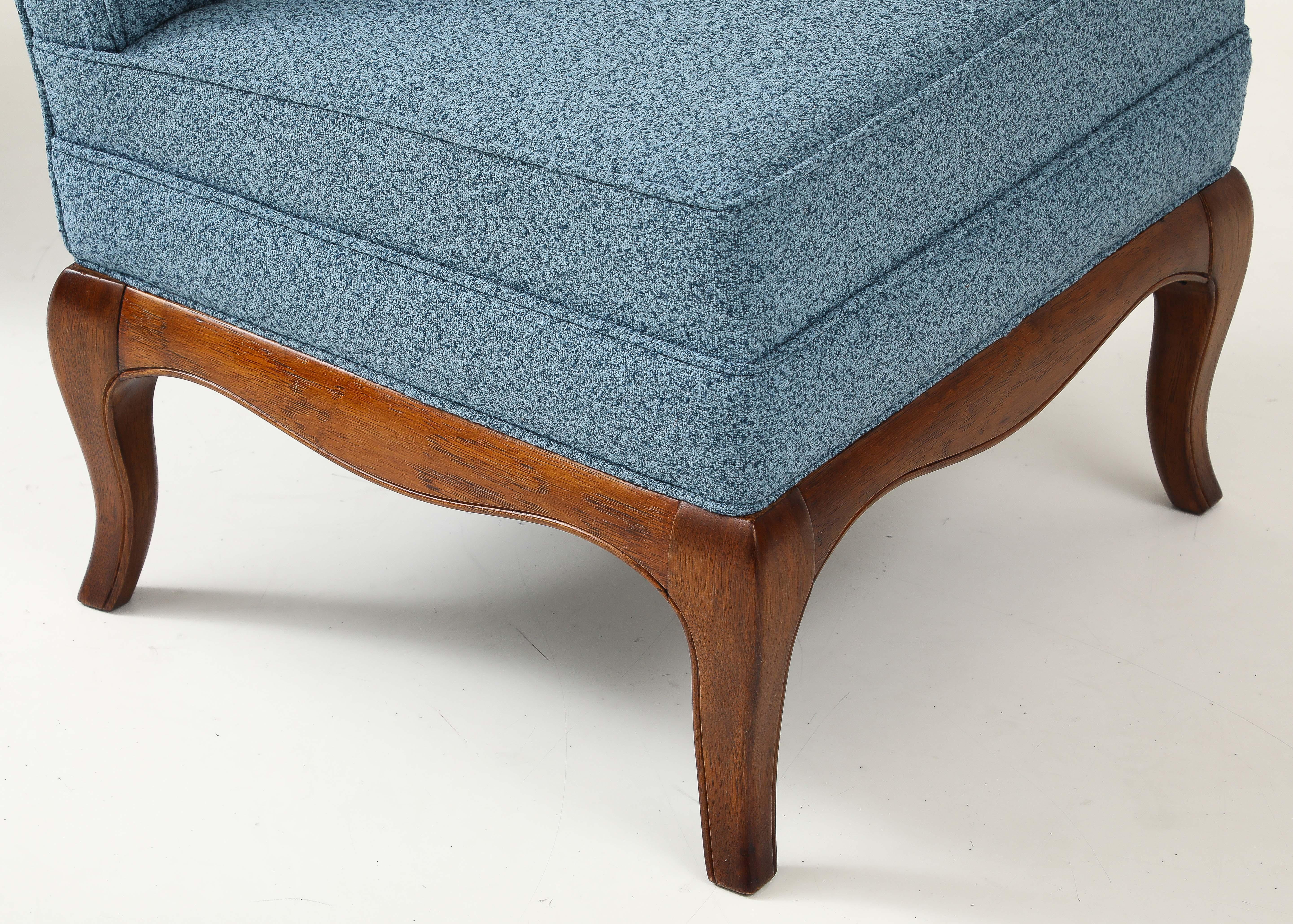 1950's mid-century modern walnut base slipper chairs by Drexel Heritage, fully restored and newly re-upholstered with minor wear and patina due to age and use.