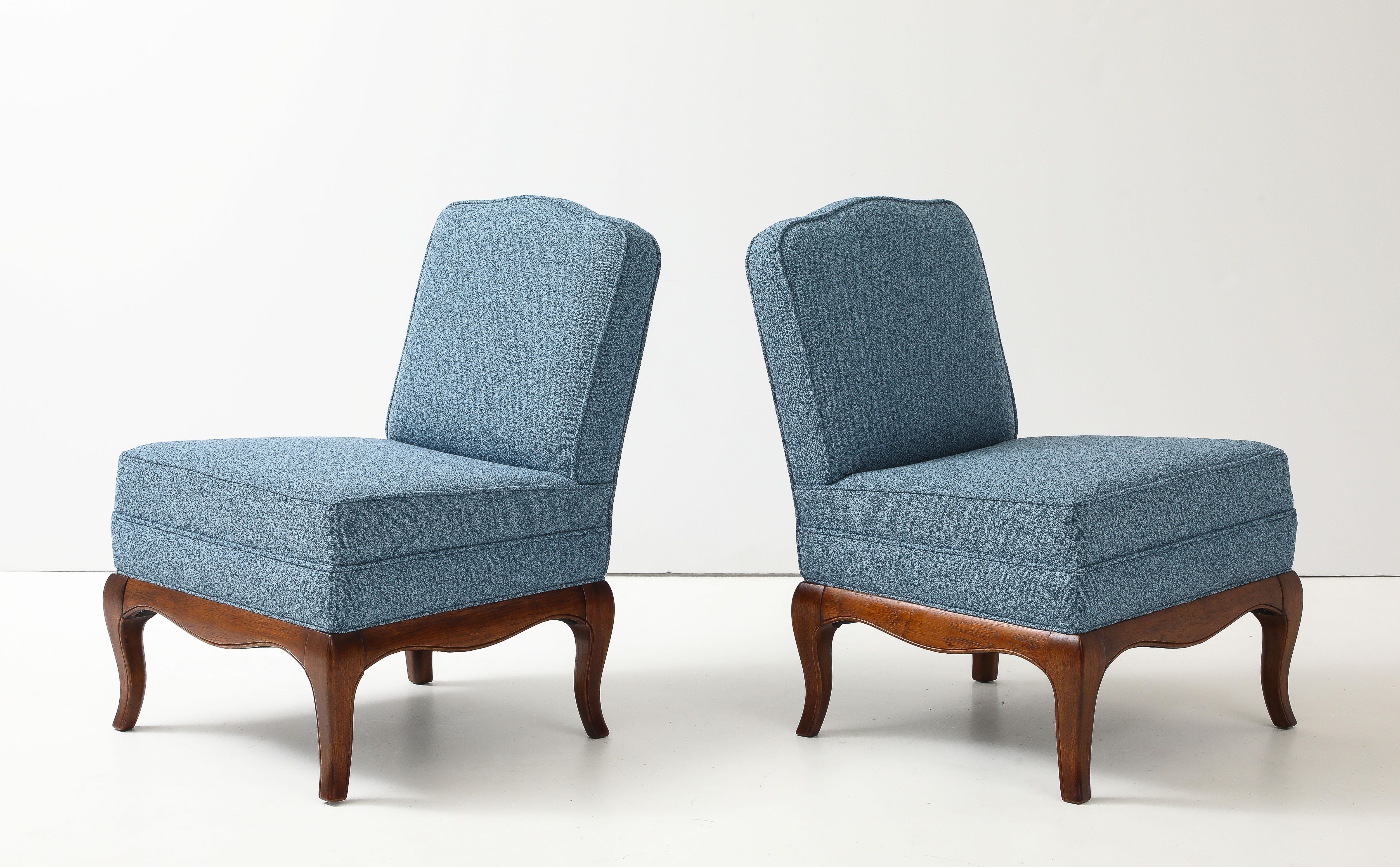 Fabric 1950's Walnut Base Slipper Chairs By Drexel Heritage For Sale