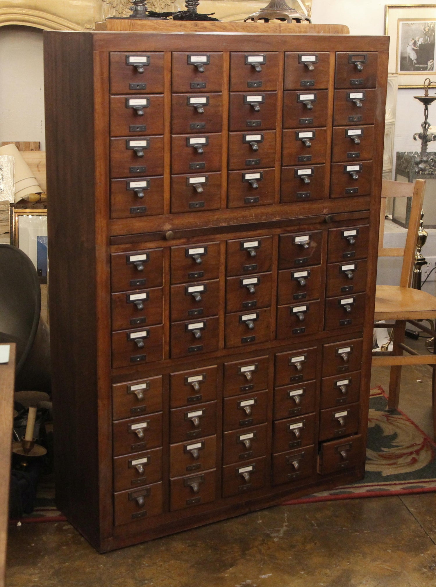 1950s Walnut Card Catalog With Trays And Brass Hardware In A Dark