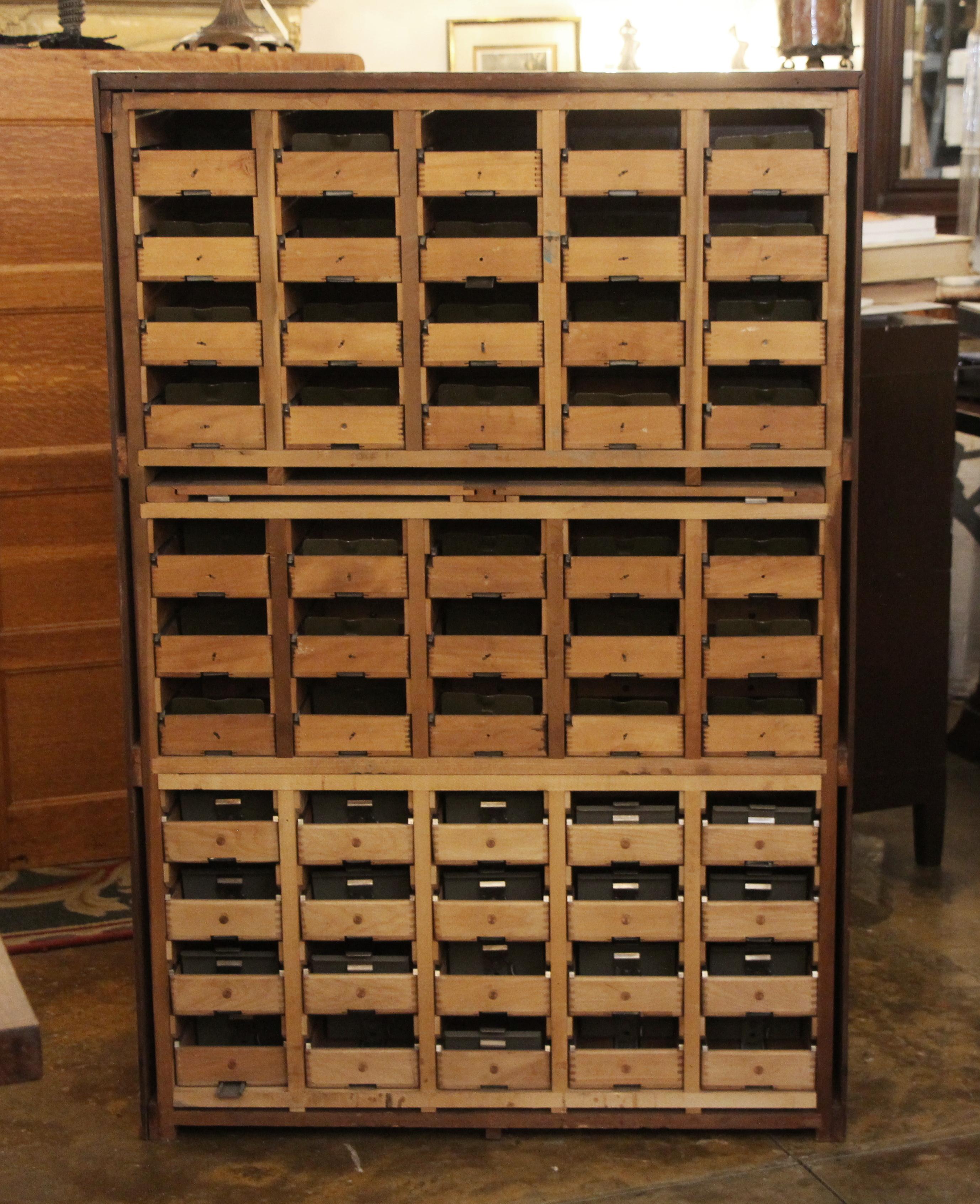 American 1950s Walnut Card Catalog with Trays and Brass Hardware in a Dark Wood Tone