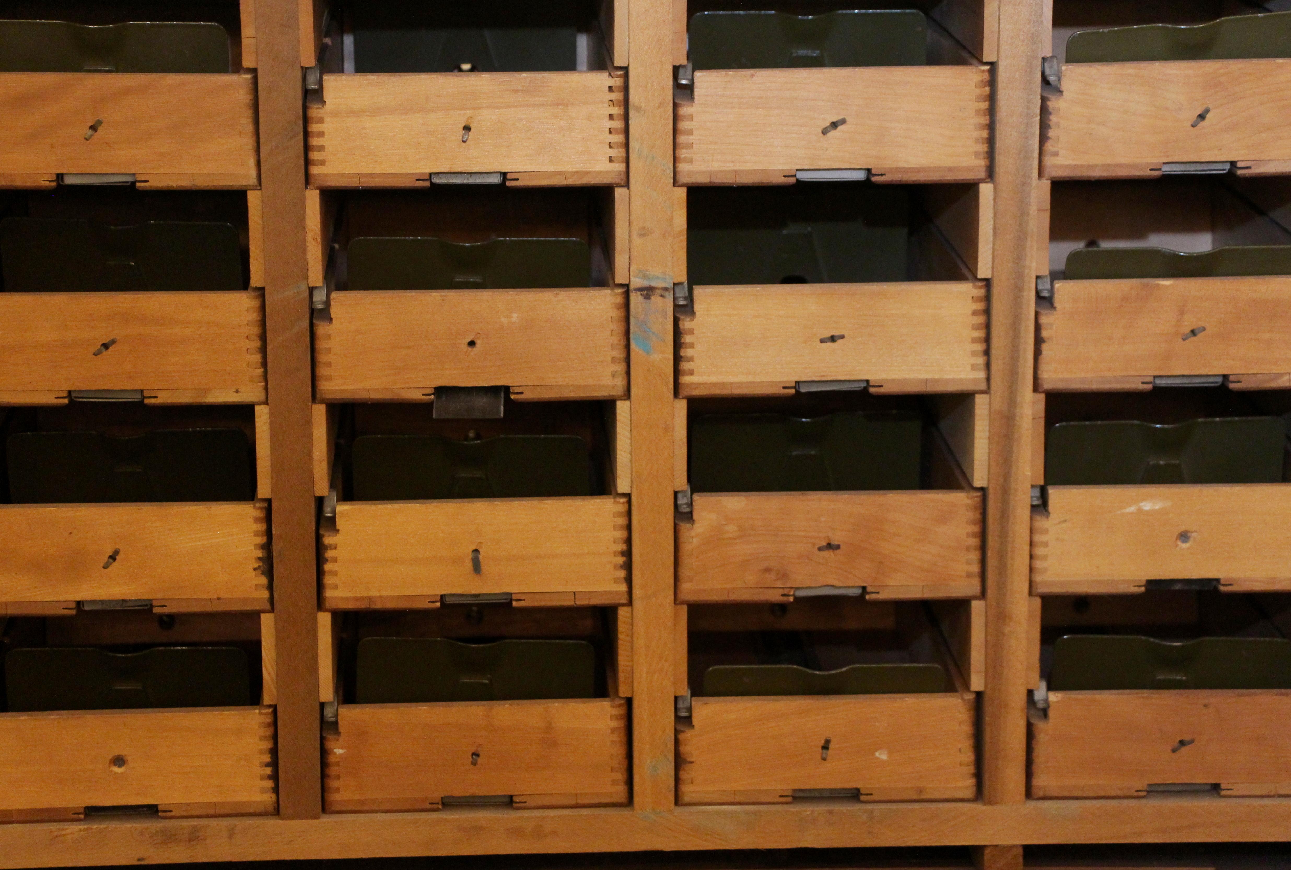 1950s Walnut Card Catalog with Trays and Brass Hardware in a Dark Wood Tone In Good Condition In New York, NY