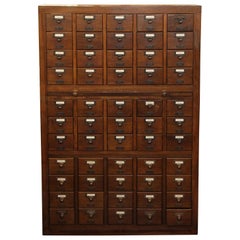 Vintage 1950s Walnut Card Catalog with Trays and Brass Hardware in a Dark Wood Tone